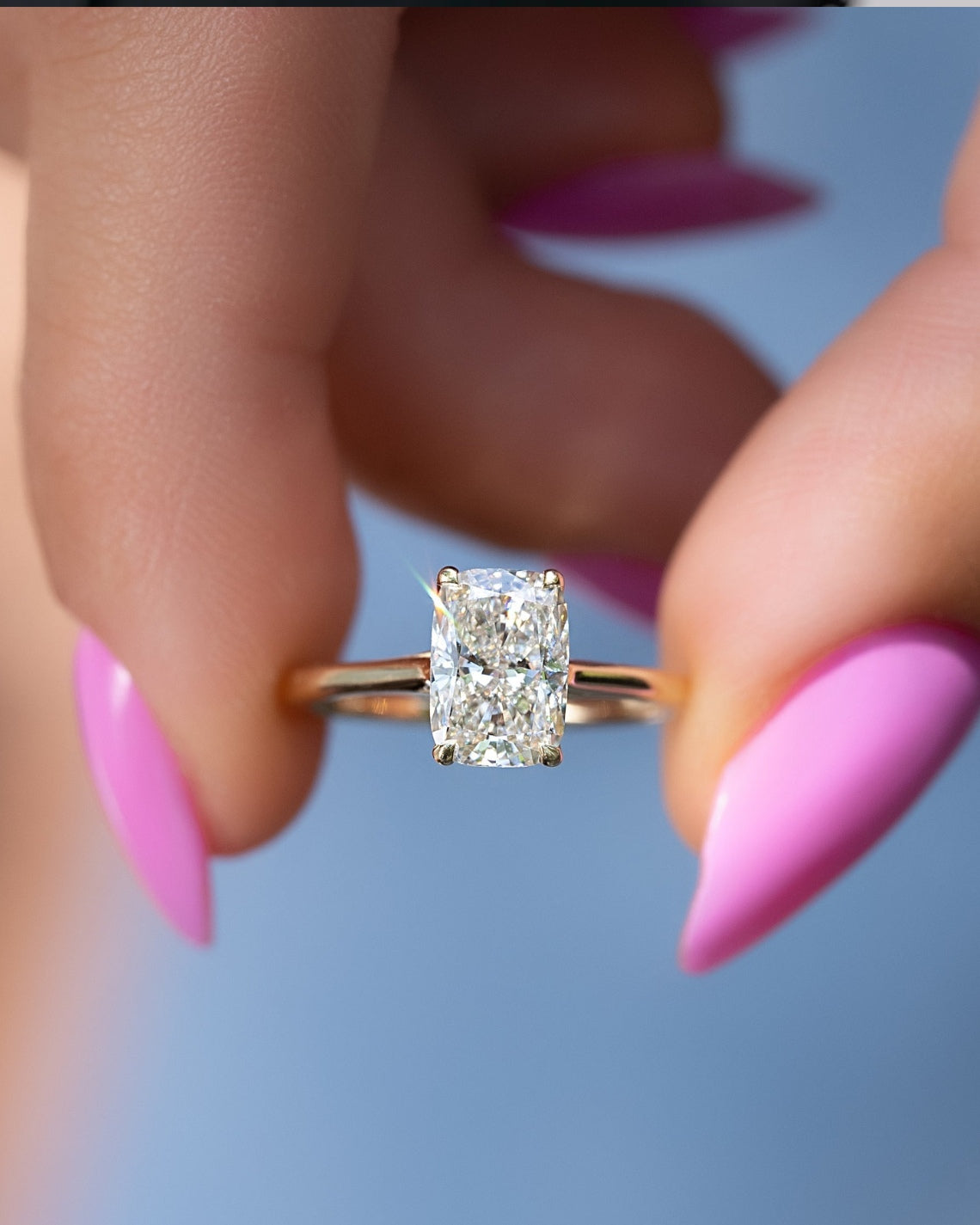 Elongated cushion cut moissanite solitaire engagement ring in white gold setting, 2.0-4.0 CT