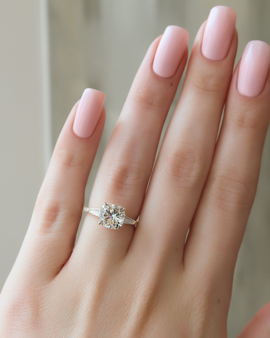 Cushion cut CVD diamond engagement ring with pave diamond band in white gold