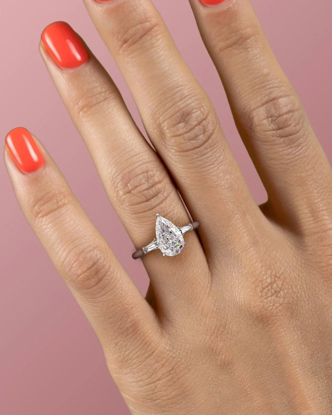 1.0- 3.0 CT Pear Cut  Lab Grown Diamond Three Stone Style Engagement Ring