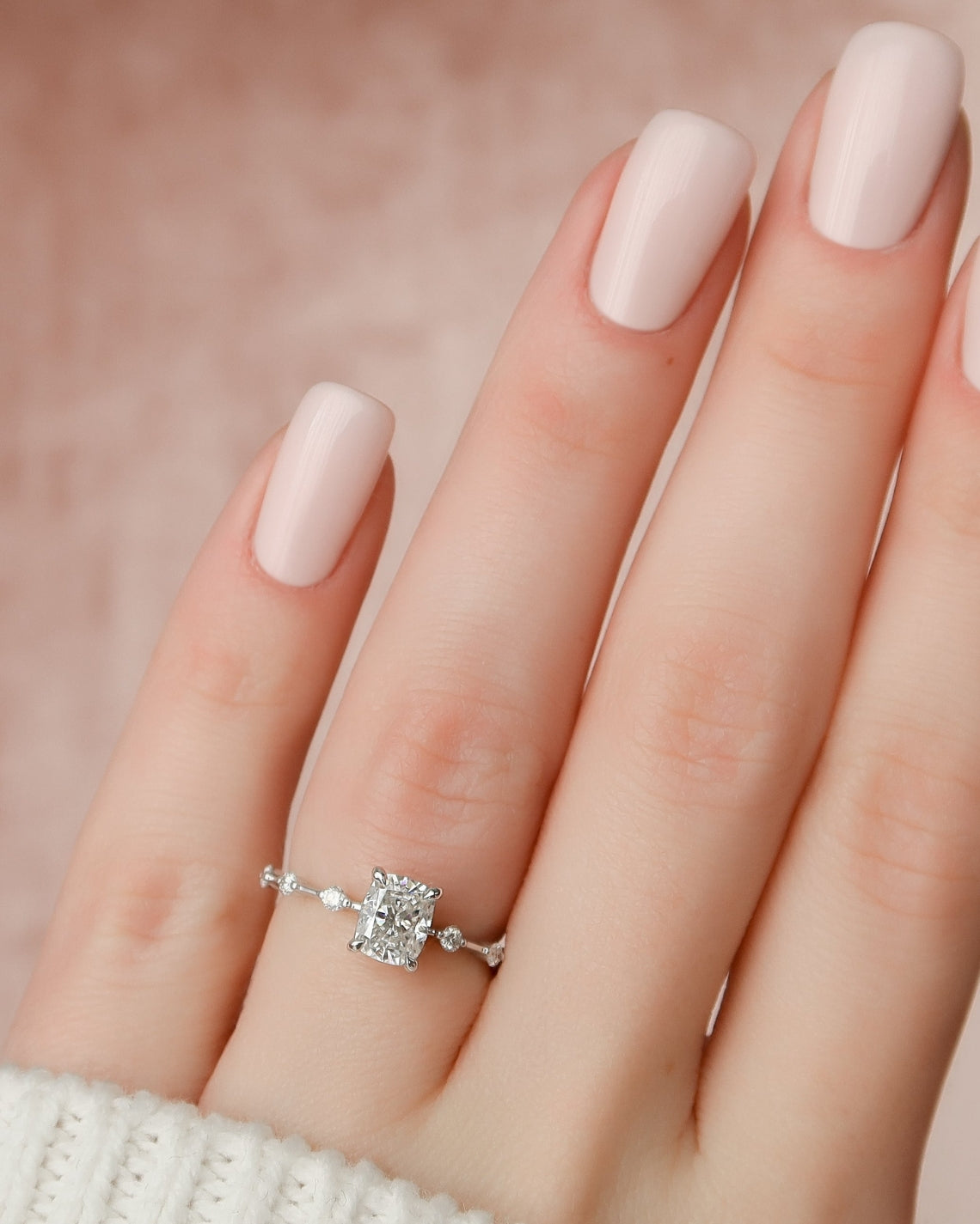 Elongated cushion cut CVD diamond dainty engagement ring with delicate band