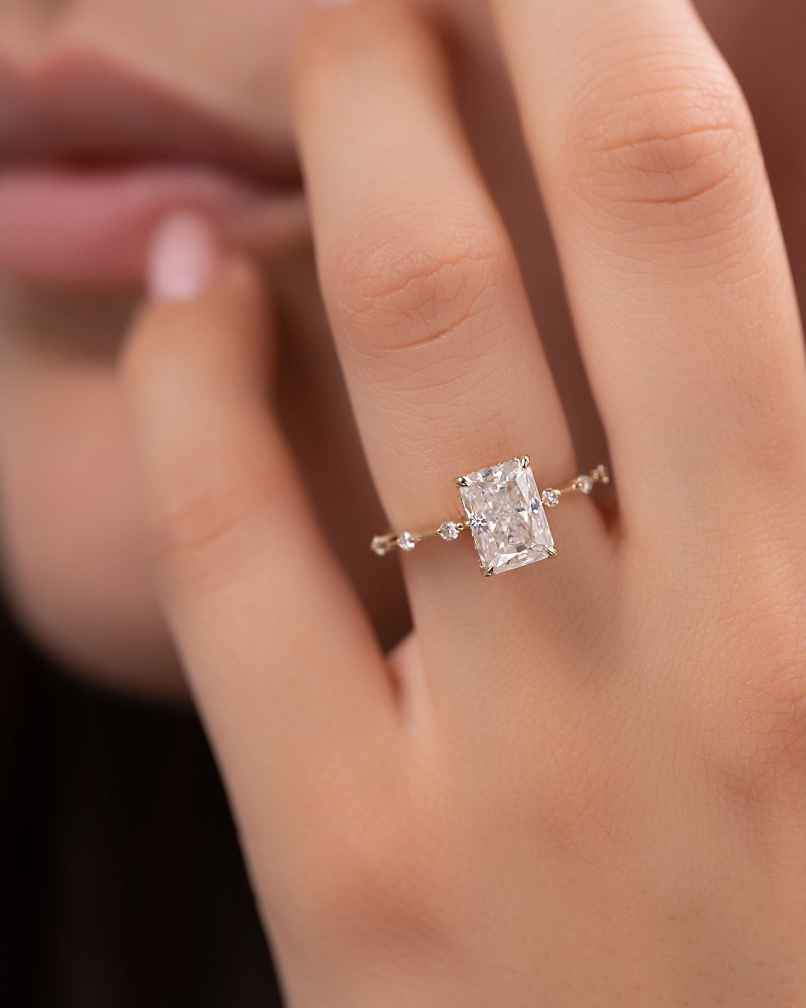 Radiant cut CVD diamond engagement ring with hidden halo in dainty platinum setting