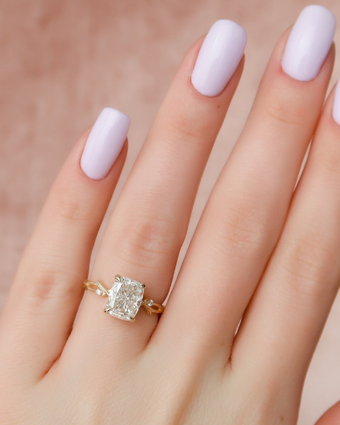 Elongated cushion cut CVD diamond engagement ring with twig-style band design