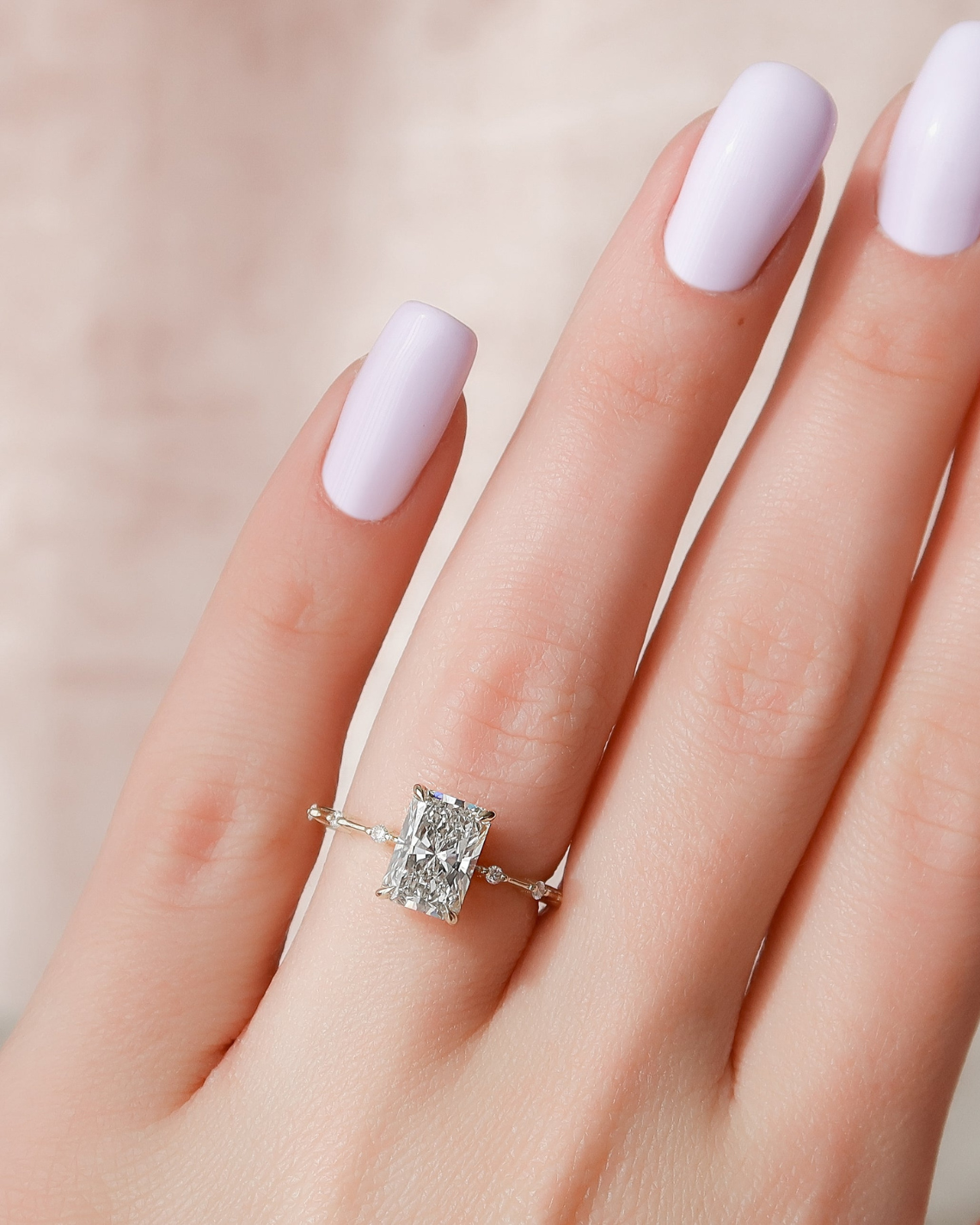 Radiant cut CVD diamond dainty engagement ring in slim white gold band setting