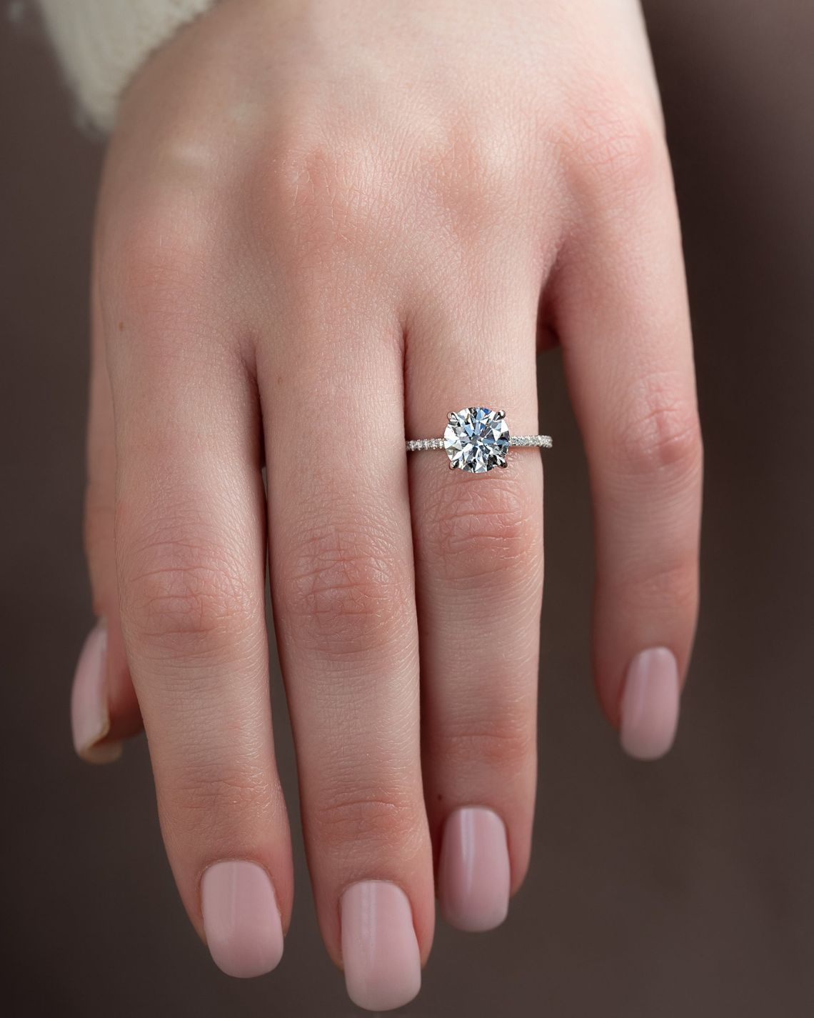 Round cut CVD diamond engagement ring with pave diamond band in white gold