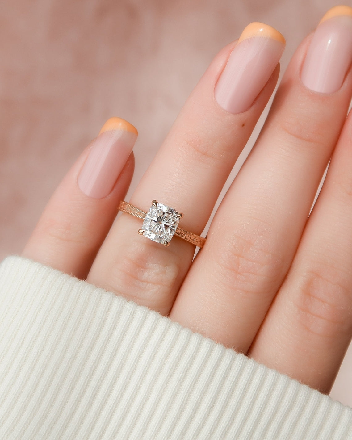 Elongated cushion cut CVD diamond vintage pave engagement ring in white gold