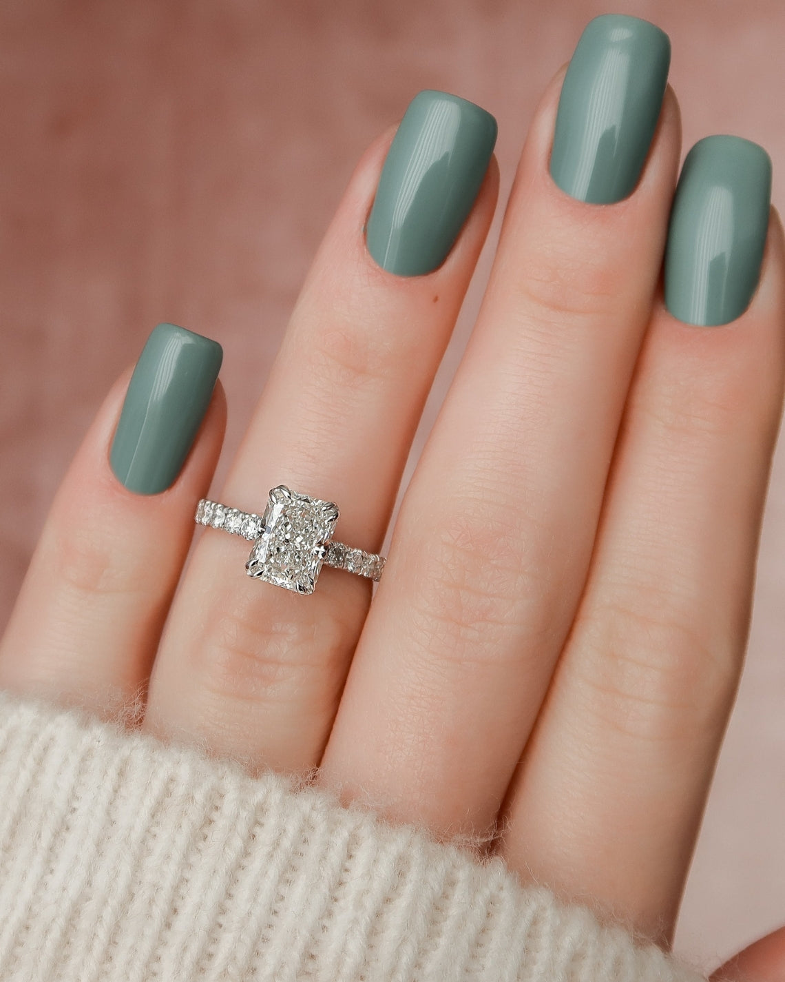 Radiant cut CVD diamond engagement ring with hidden halo and pave setting