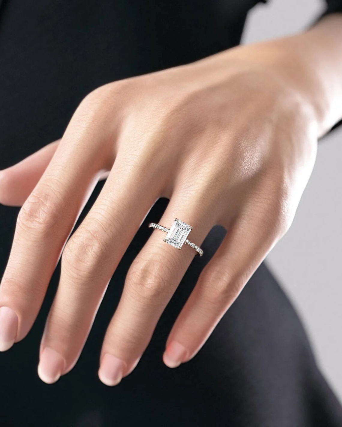 1.0 - 3.0 CT Emerald Cut Lab Grown Diamond Pave Engagement Ring