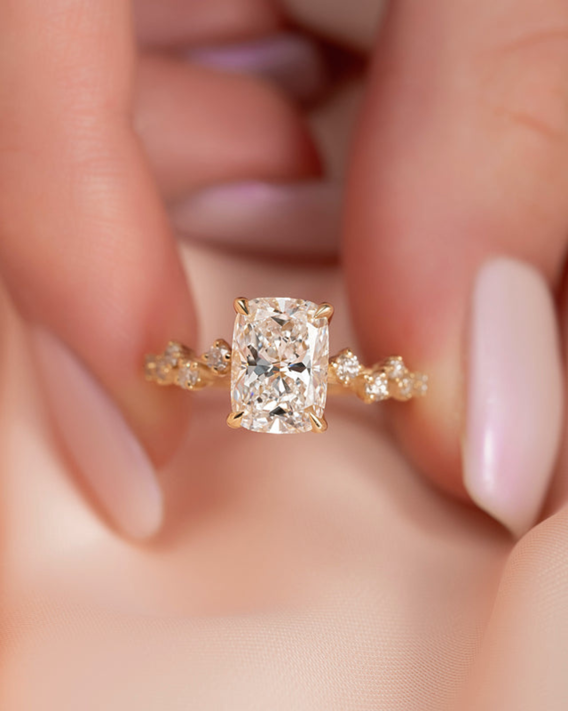 Elongated cushion cut moissanite cluster engagement ring in platinum setting, 2.0-4.0 CT