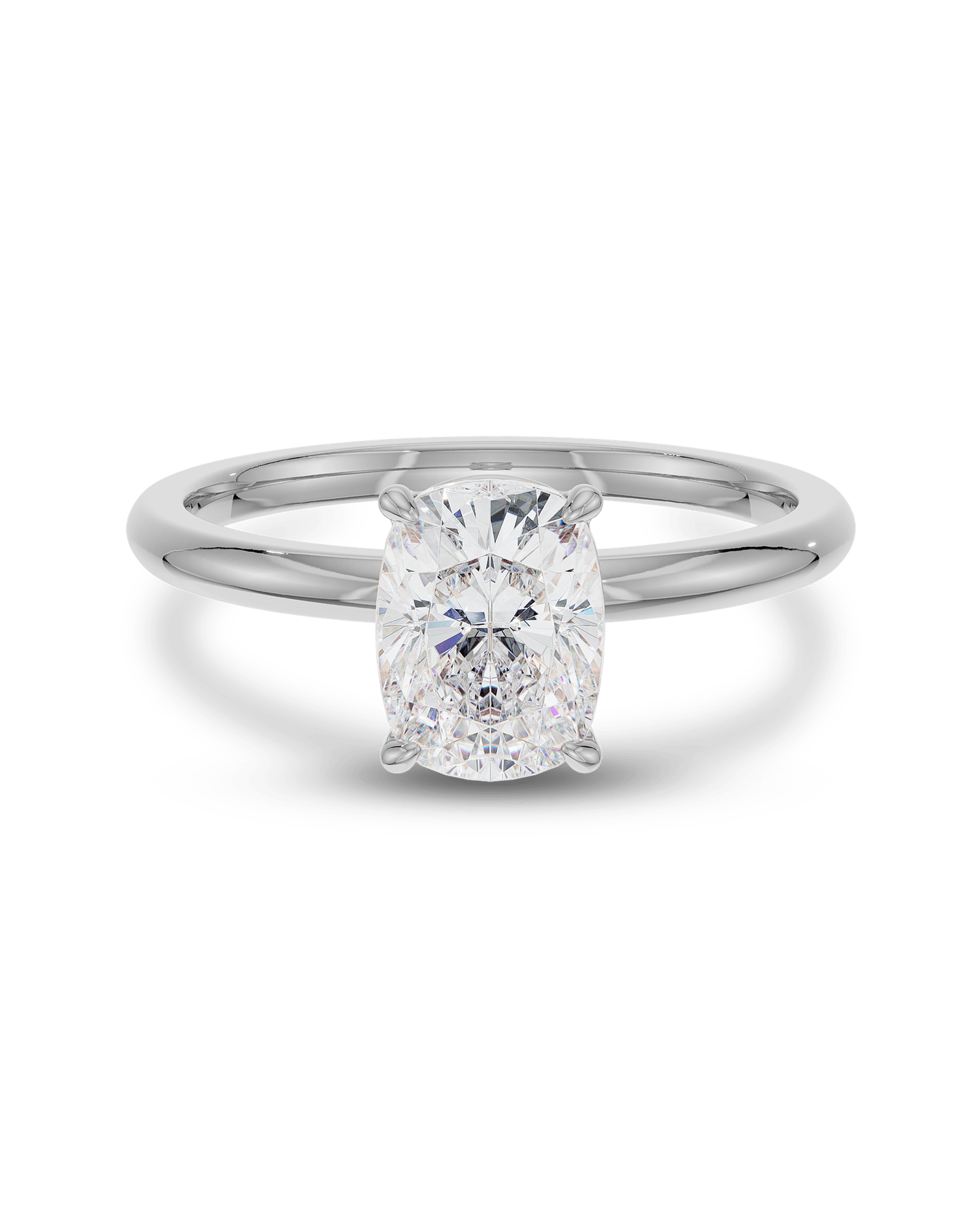 Cushion cut solitaire engagement ring with 2.5–4.5 CT lab grown CVD diamond set in a sleek, elegant prong setting