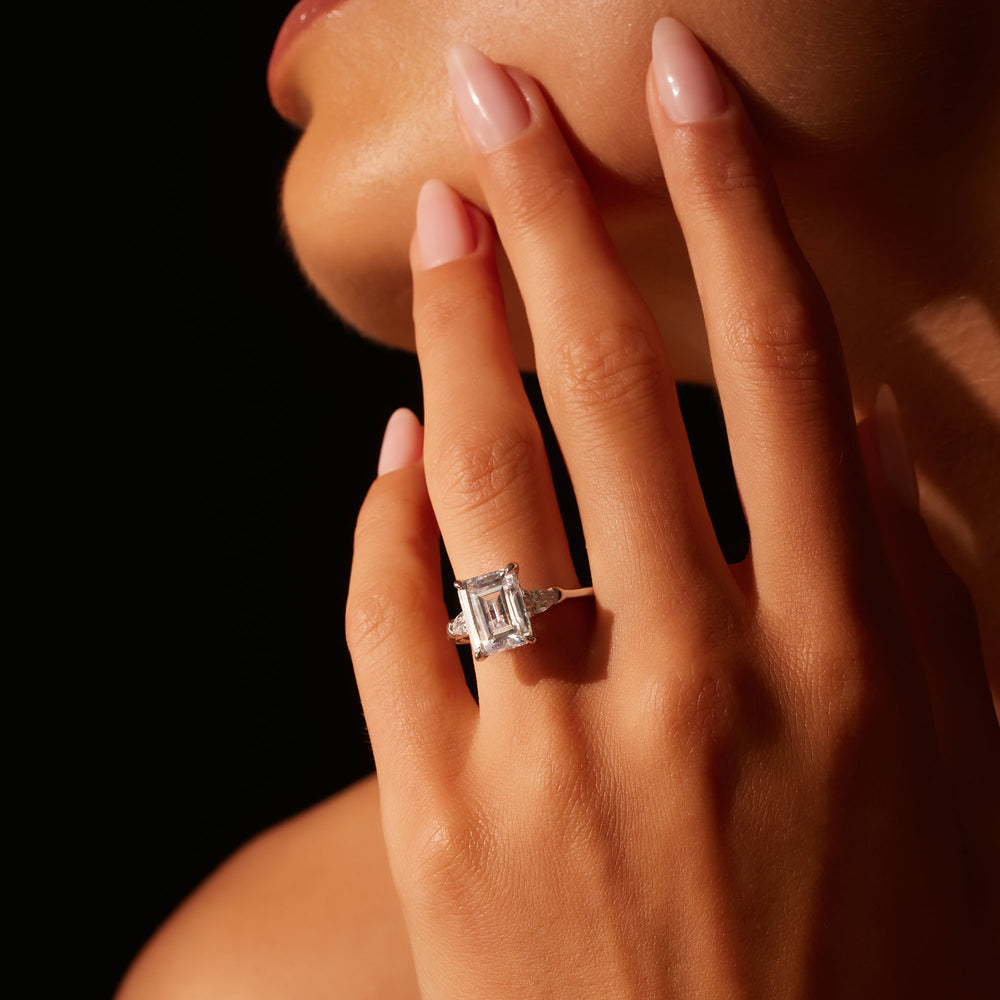 2.0 Carats Lab Grown Diamond Emerald Shape F-VS1 Three Stone & Hidden Halo Engagement Ring - Camila Brown