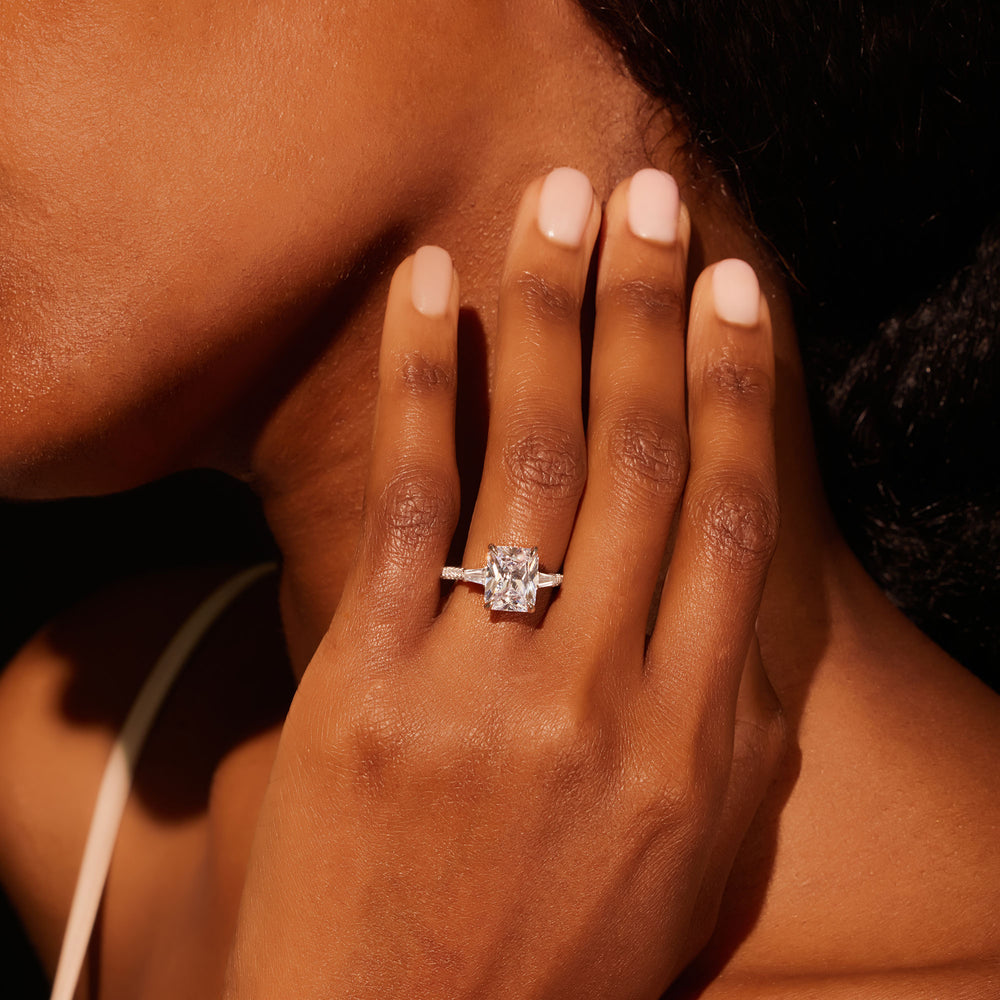 2.0 Carats Lab Grown Diamond Radiant Shape F-VS1 Three Stone & Pave Engagement Ring - Camila Brown
