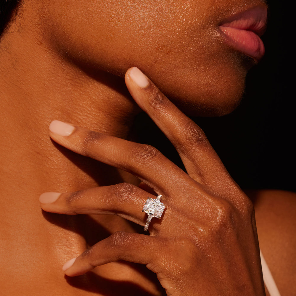 2.0 Carats Lab Grown Diamond Emerald Shape F-VS1 Three Stone & Hidden Halo Engagement Ring - Camila Brown