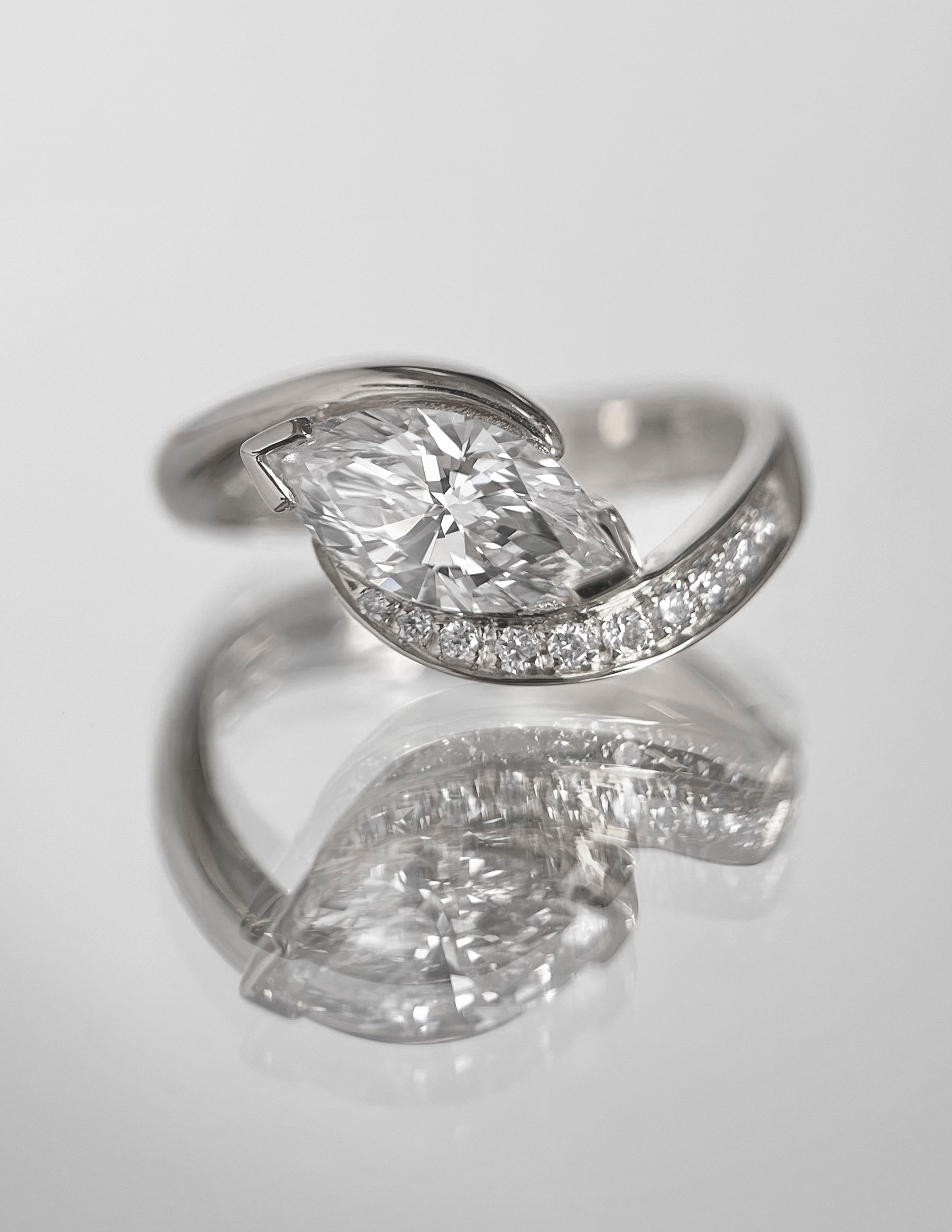 1.0 - 2.0 CT Marquise Cut Lab Grown Diamond Pavé Unique Setting Engagement Ring