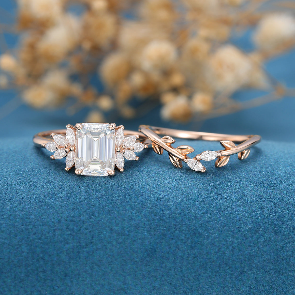 1.60 CT Emerald Shaped Moissanite Cluster Bridal Set - Camila Brown