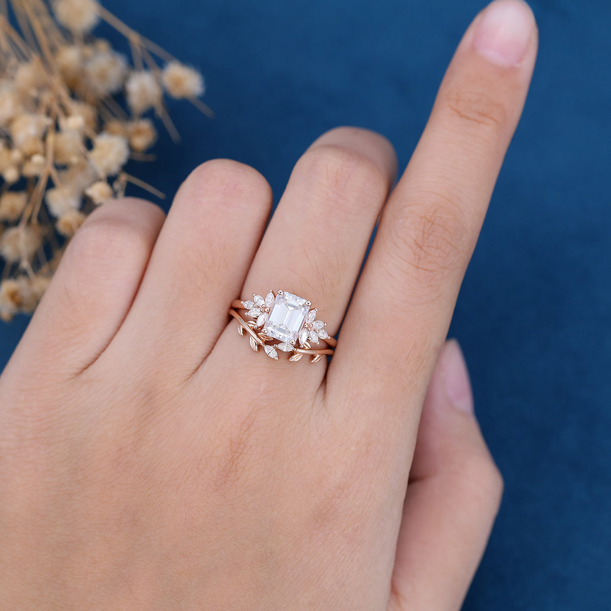 1.60 CT Emerald Shaped Moissanite Cluster Bridal Set - Camila Brown