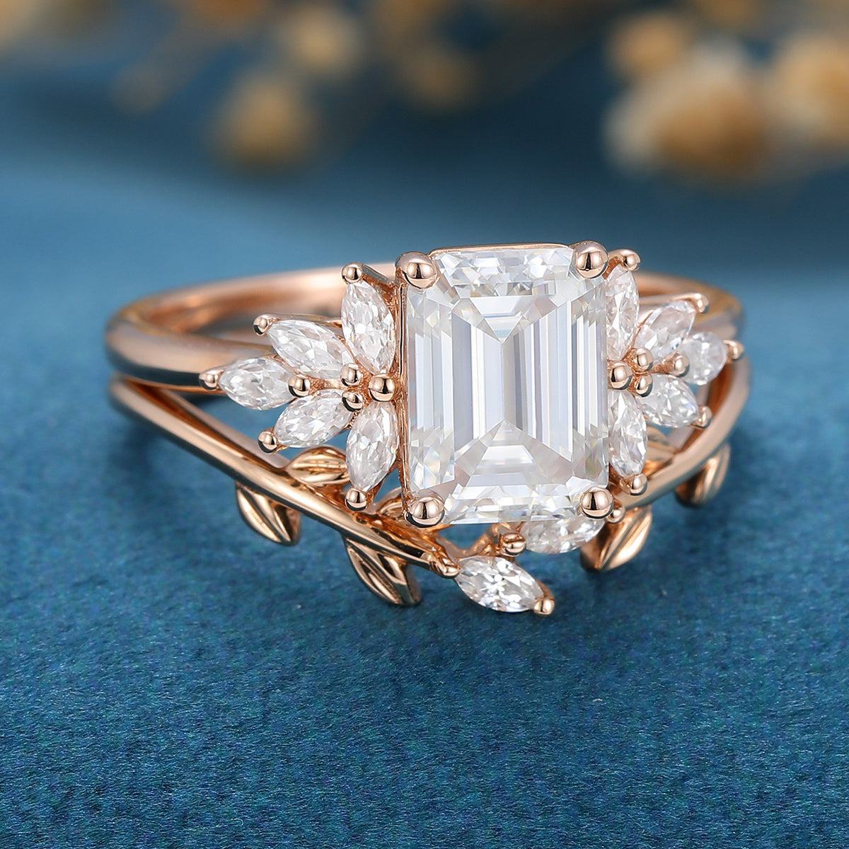 1.60 CT Emerald Shaped Moissanite Cluster Bridal Set - Camila Brown