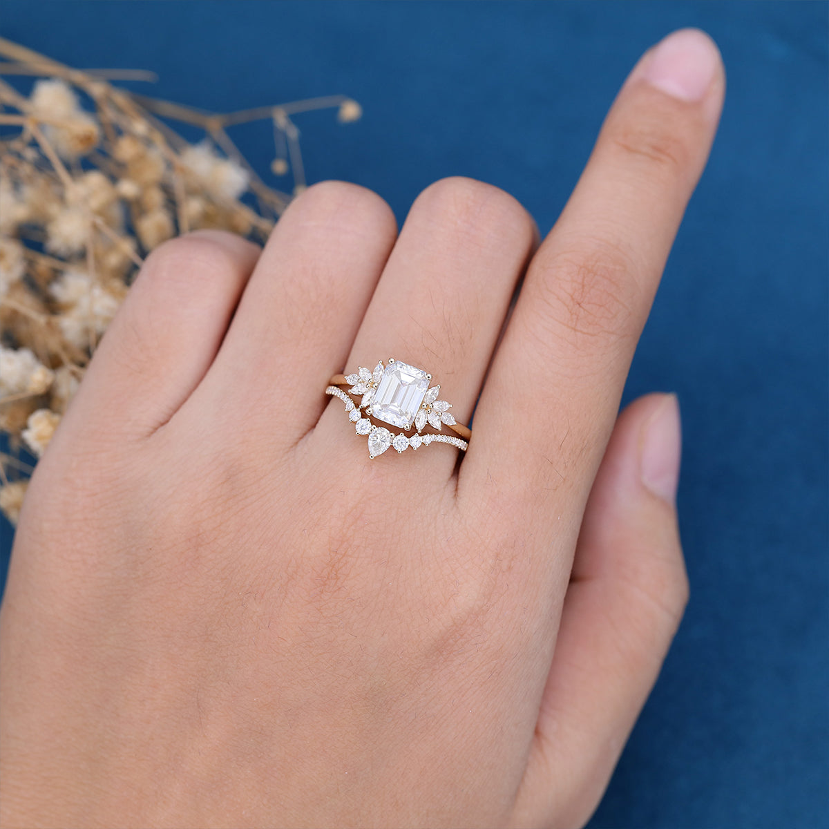 1.60 CT Emerald Shaped Moissanite Cluster Bridal Set - Camila Brown