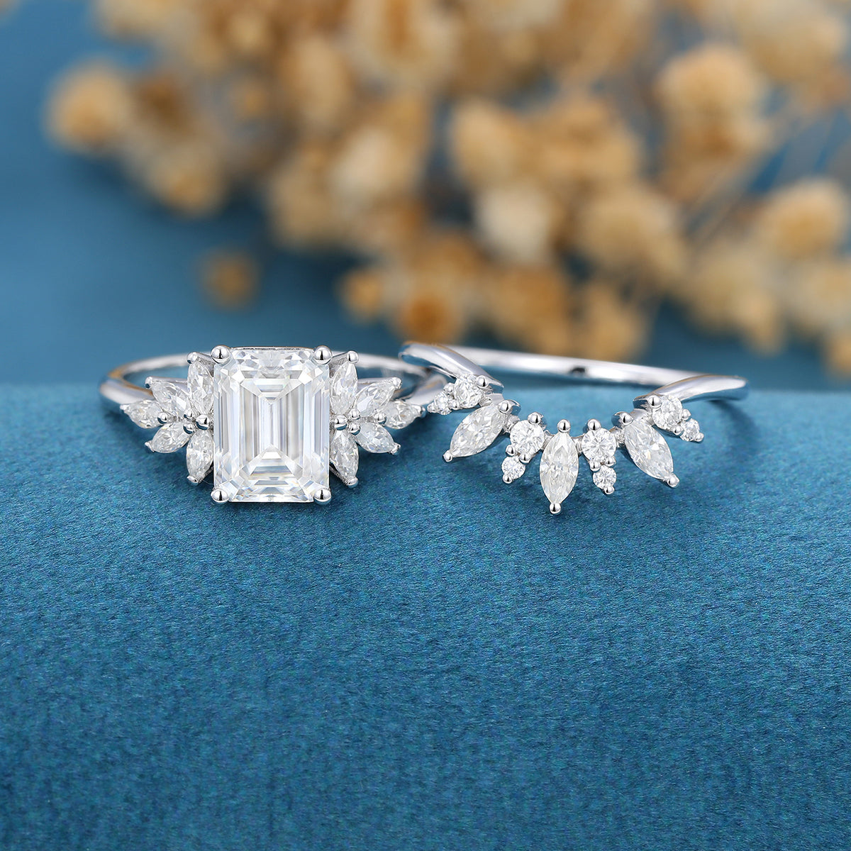 1.60 CT Emerald Shaped Moissanite Cluster Bridal Set - Camila Brown