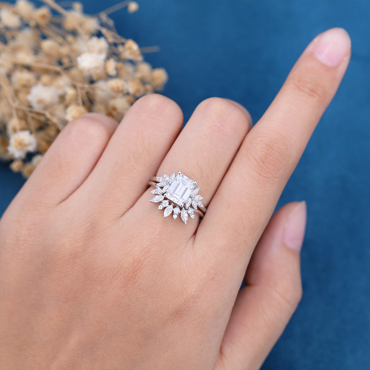 1.60 CT Emerald Shaped Moissanite Cluster Bridal Set - Camila Brown