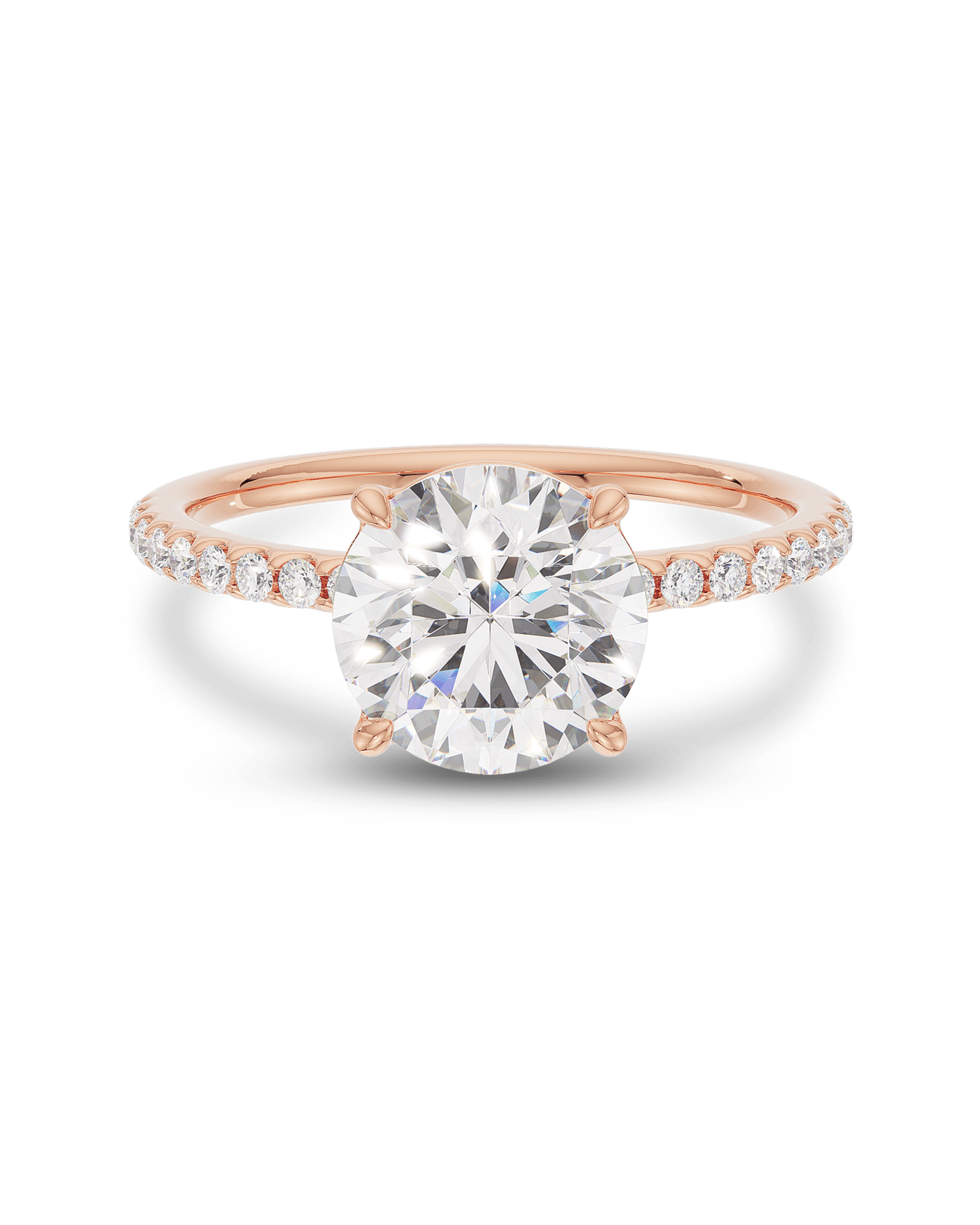 1.5–3.5 CT round cut lab grown diamond engagement ring in gold, accented with pave diamonds along the band for a refined, radiant look