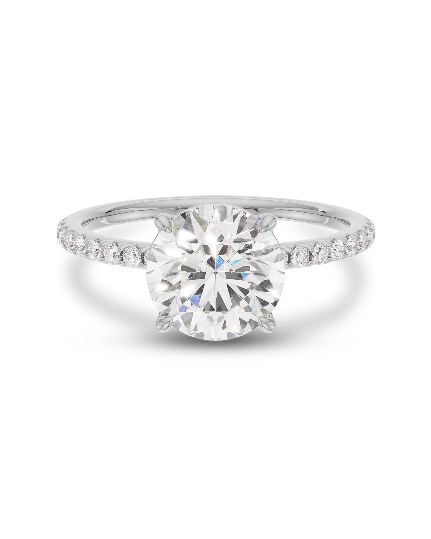 1.5–3.5 CT round cut lab grown diamond engagement ring in gold, accented with pave diamonds along the band for a refined, radiant look
