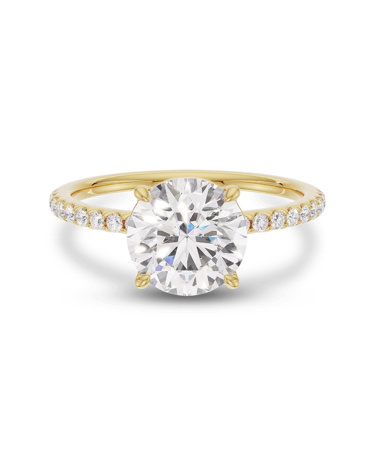 1.5–3.5 CT round cut lab grown diamond engagement ring in gold, accented with pave diamonds along the band for a refined, radiant look