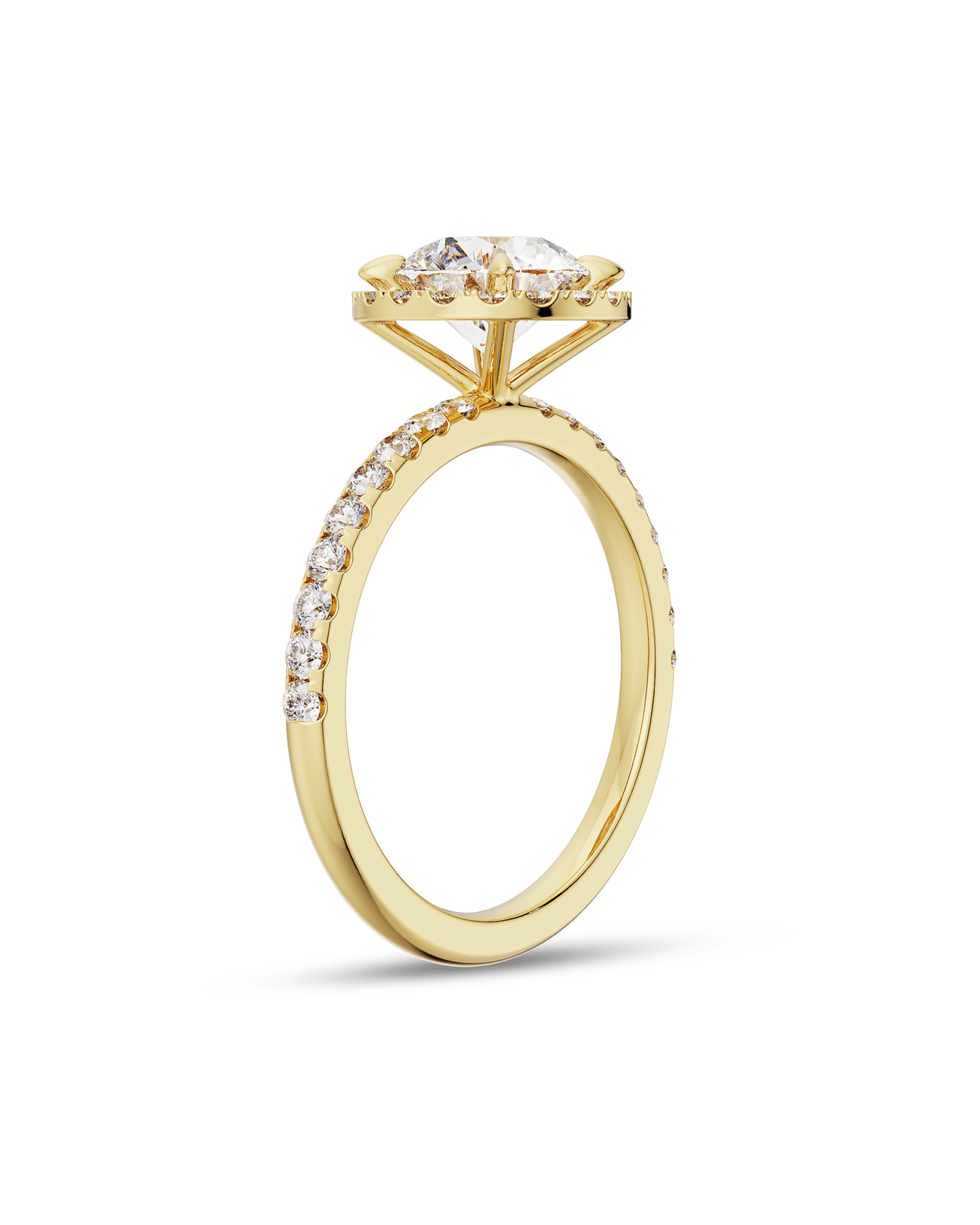 1.0 to 3.0 carat round CVD diamond engagement ring with halo and pave setting in lab-grown diamond, elegant and radiant design