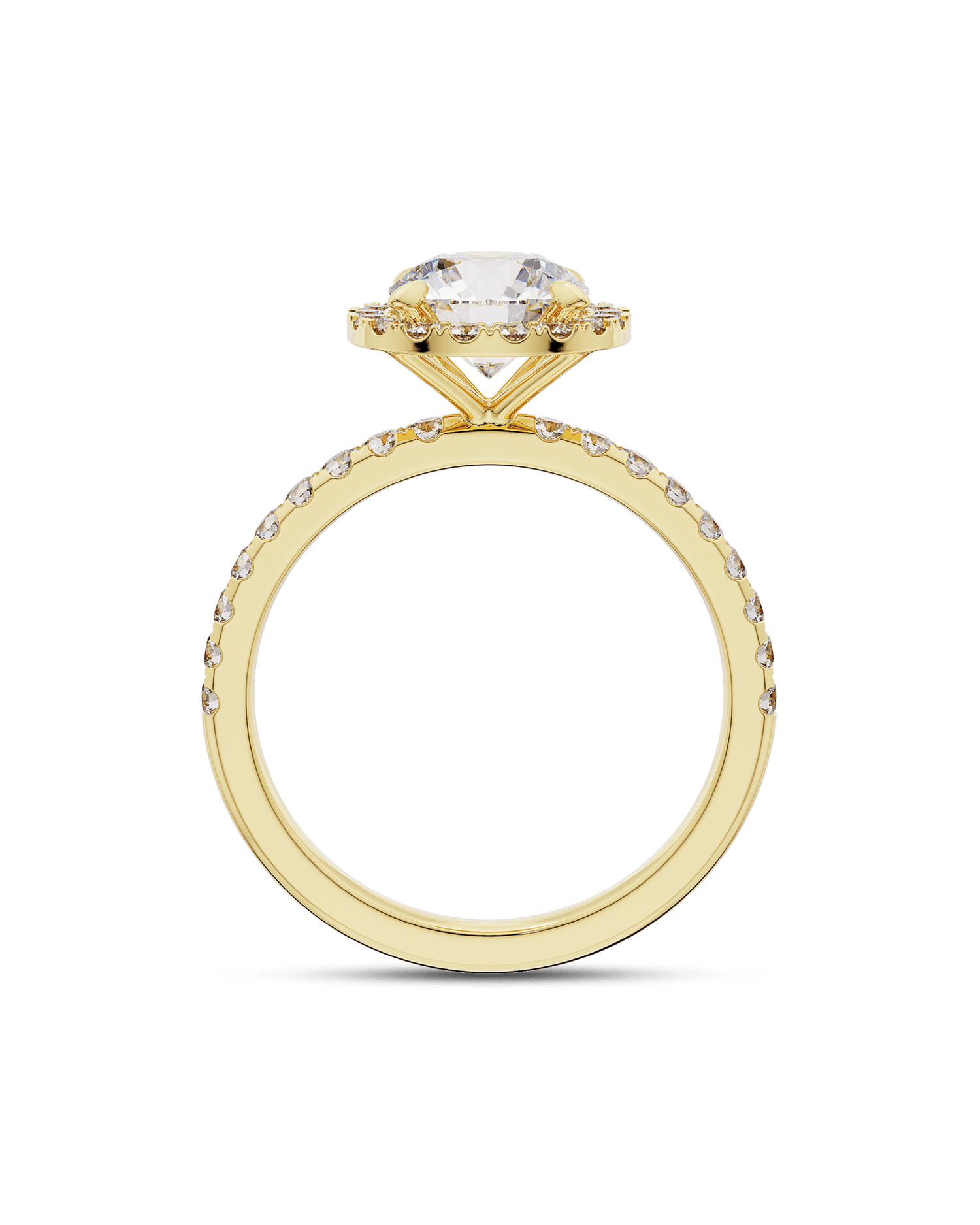 1.0 to 3.0 carat round CVD diamond engagement ring with halo and pave setting in lab-grown diamond, elegant and radiant design