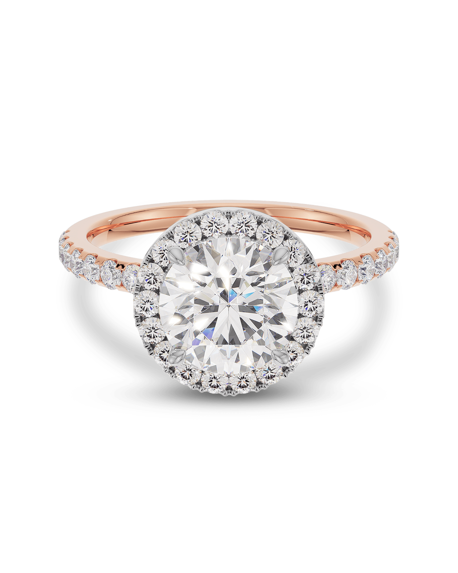1.0 to 3.0 carat round CVD diamond engagement ring with halo and pave setting in lab-grown diamond, elegant and radiant design