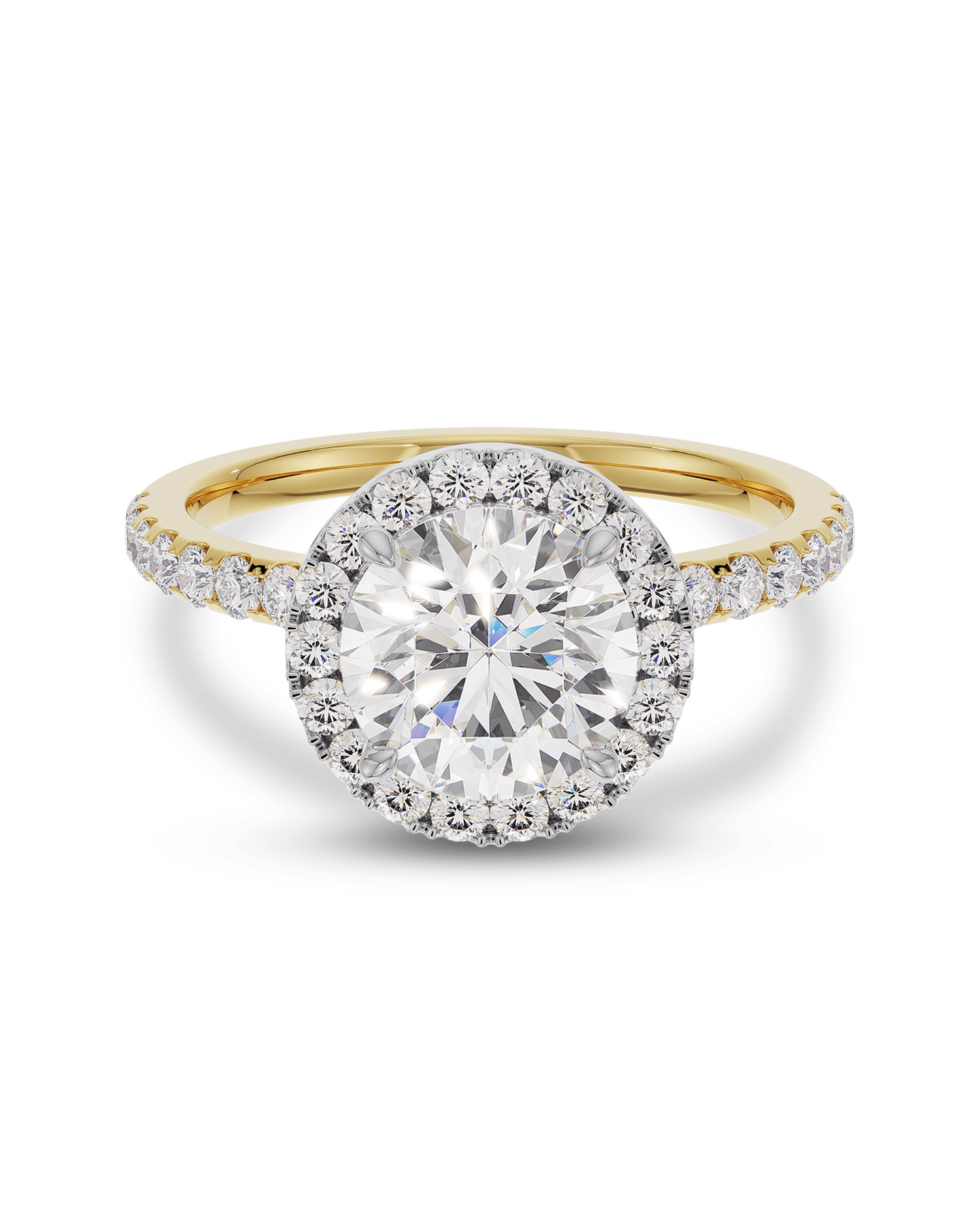 1.0 to 3.0 carat round CVD diamond engagement ring with halo and pave setting in lab-grown diamond, elegant and radiant design