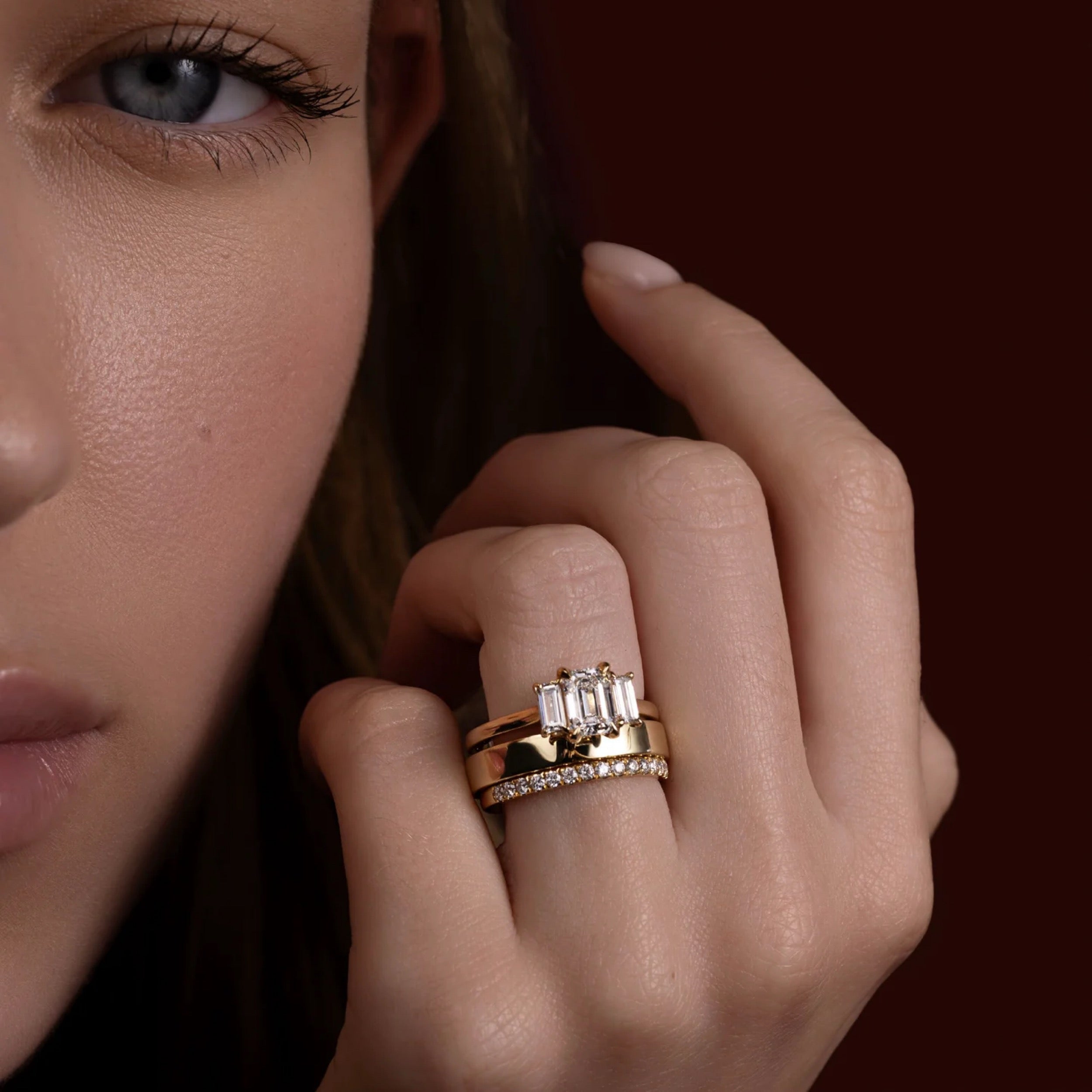 1.5 - 2.5 CT Emerald Lab Grown Diamond Trilogy Engagement Ring