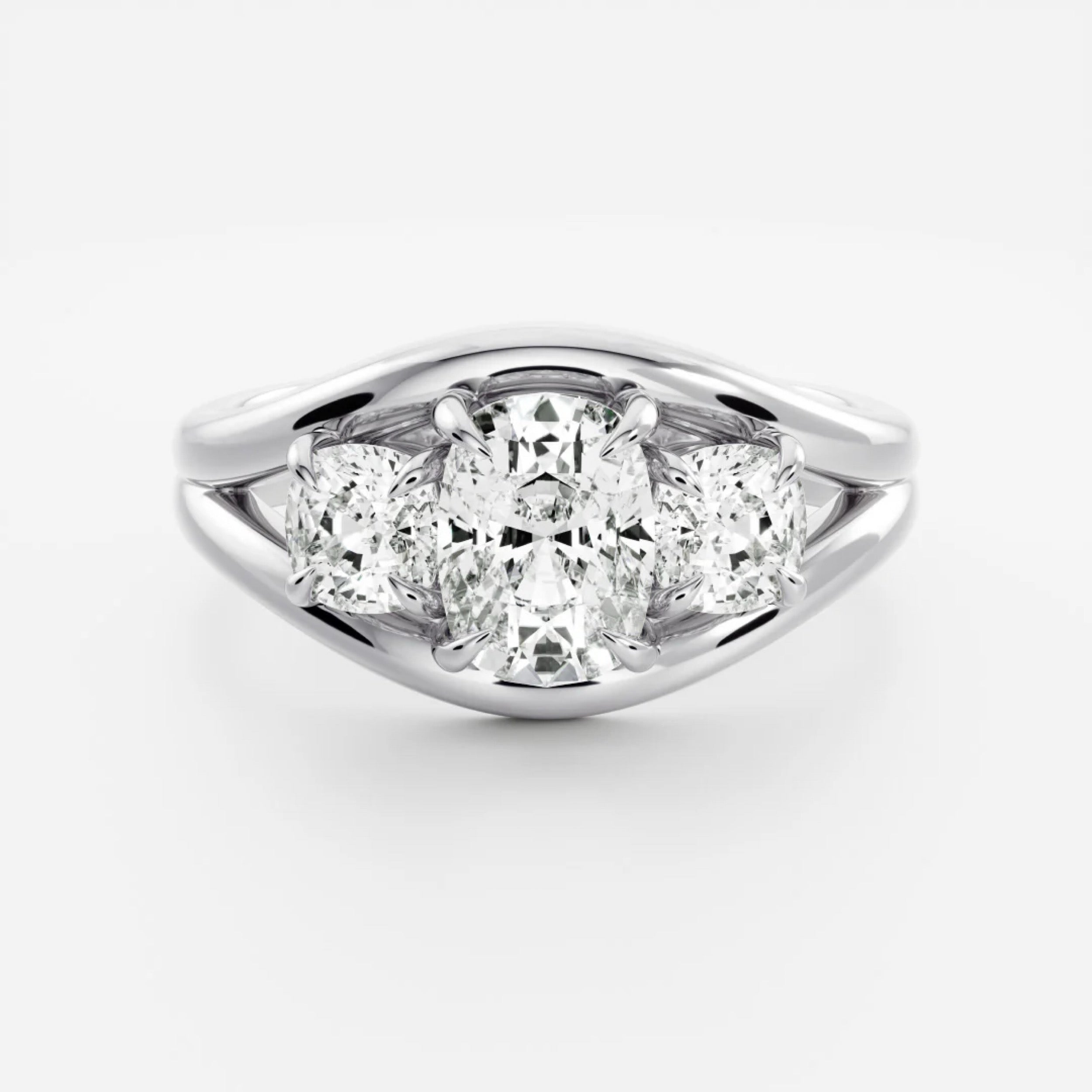 2.5 - 3.5 CT Cushion Lab Grown Diamond Split Shank Trilogy Engagement Ring