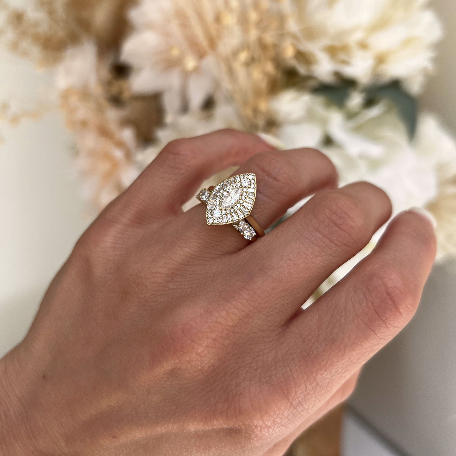 0.42 CT marquise Shape Lab Grown Bezel Halo Setting Engagement Ring