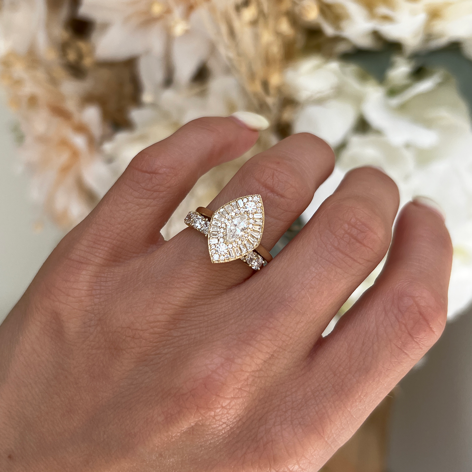 0.42 CT marquise Shape Lab Grown Bezel Halo Setting Engagement Ring