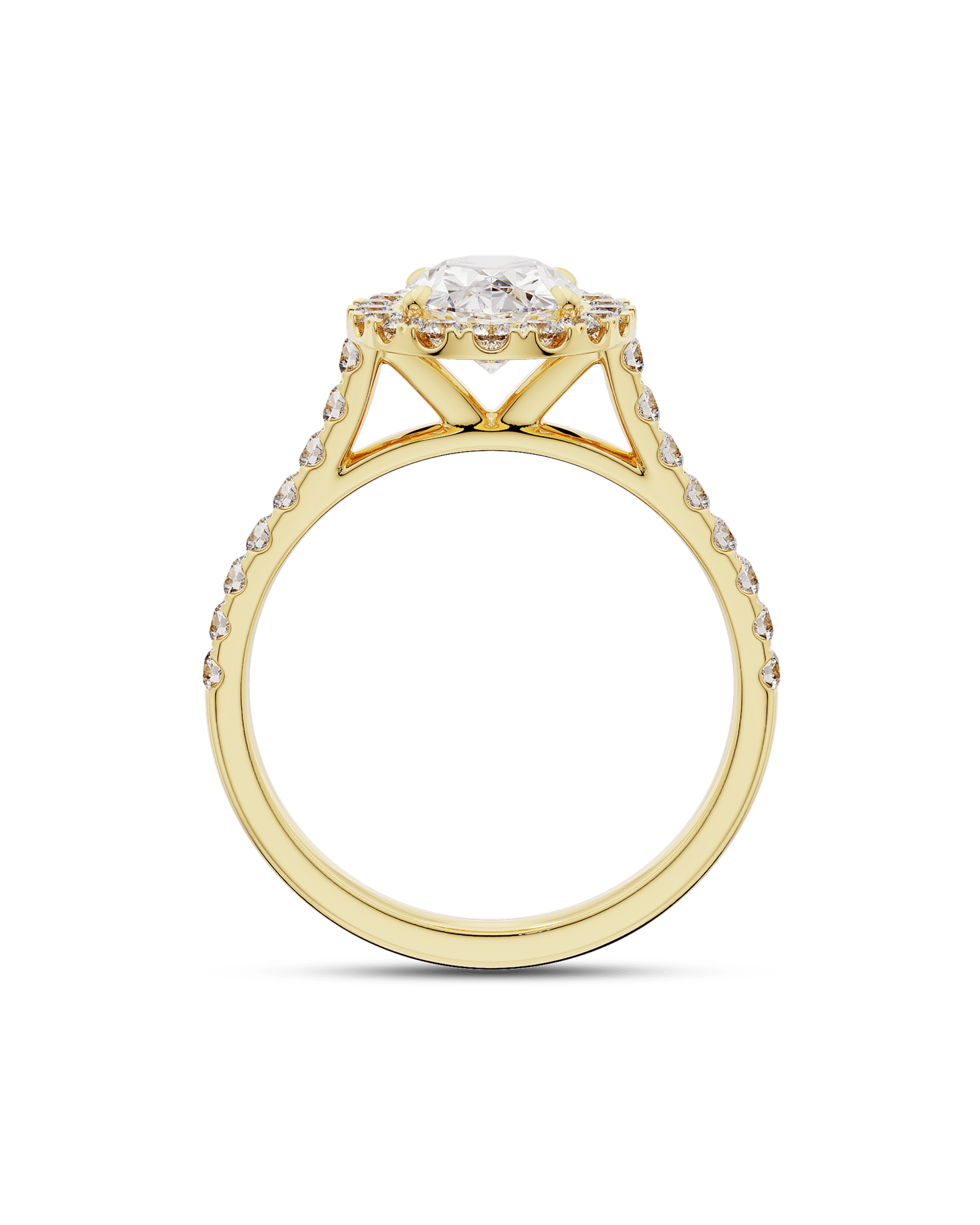 Oval cut lab grown diamond engagement ring in gold with halo and pave setting, featuring 1.5–3.5 CT center stone and shimmering accents