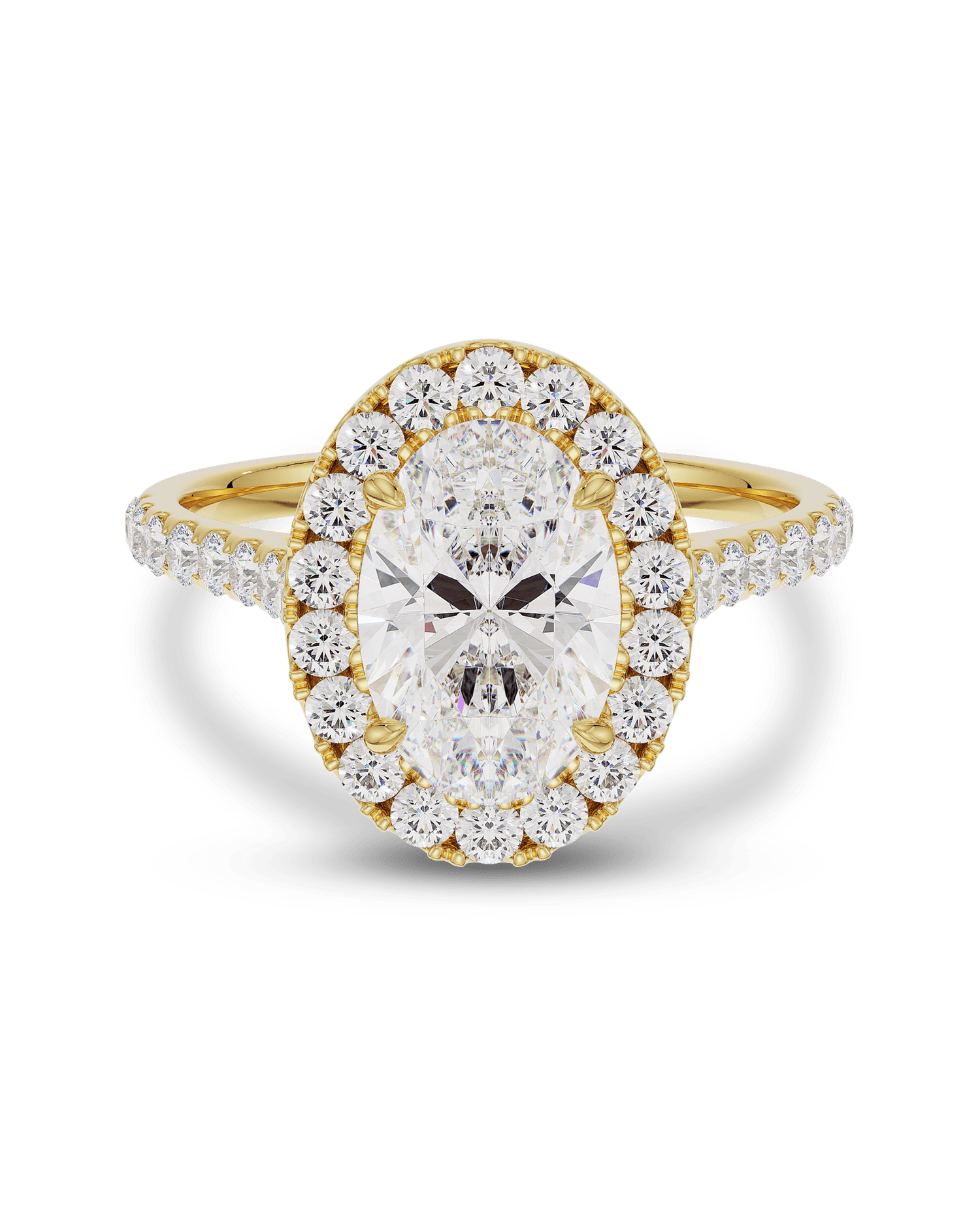 Oval cut lab grown diamond engagement ring in gold with halo and pave setting, featuring 1.5–3.5 CT center stone and shimmering accents