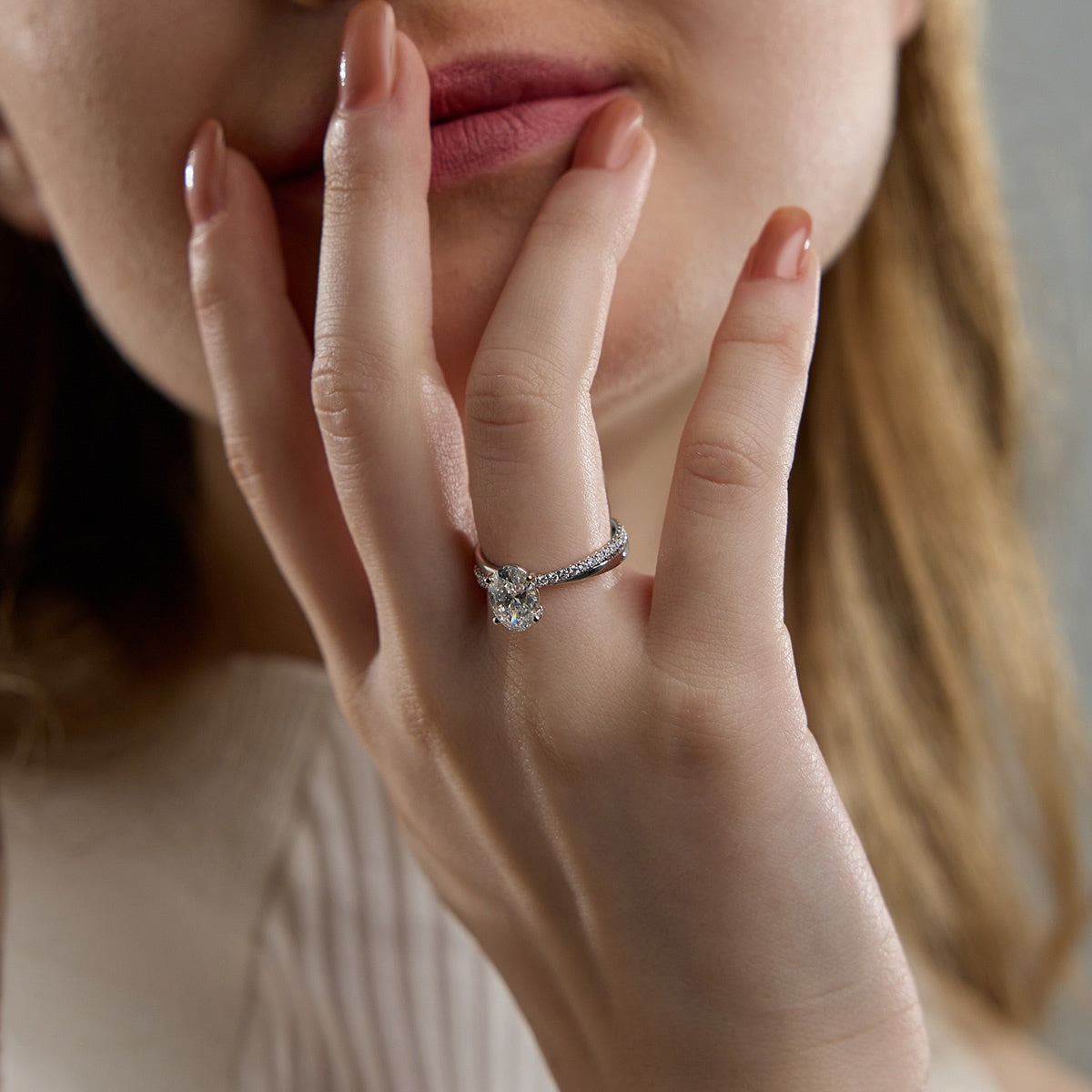 1.0 Carats Lab Grown Diamond Oval Shape E-VS1 Crossover Double Band Engagement Ring - Camila Brown