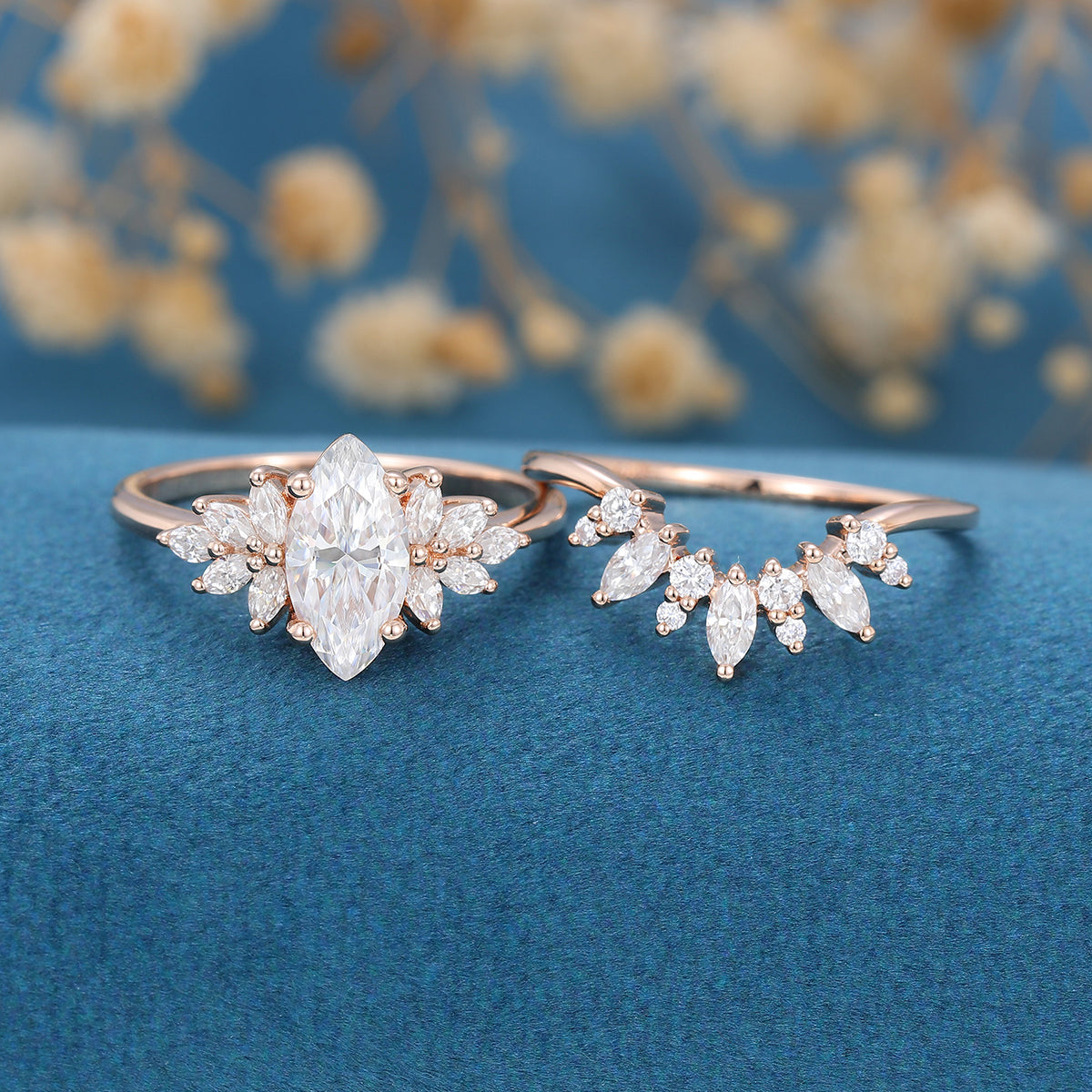 0.90 CT Marquise Shaped Moissanite Cluster Bridal Set - Camila Brown