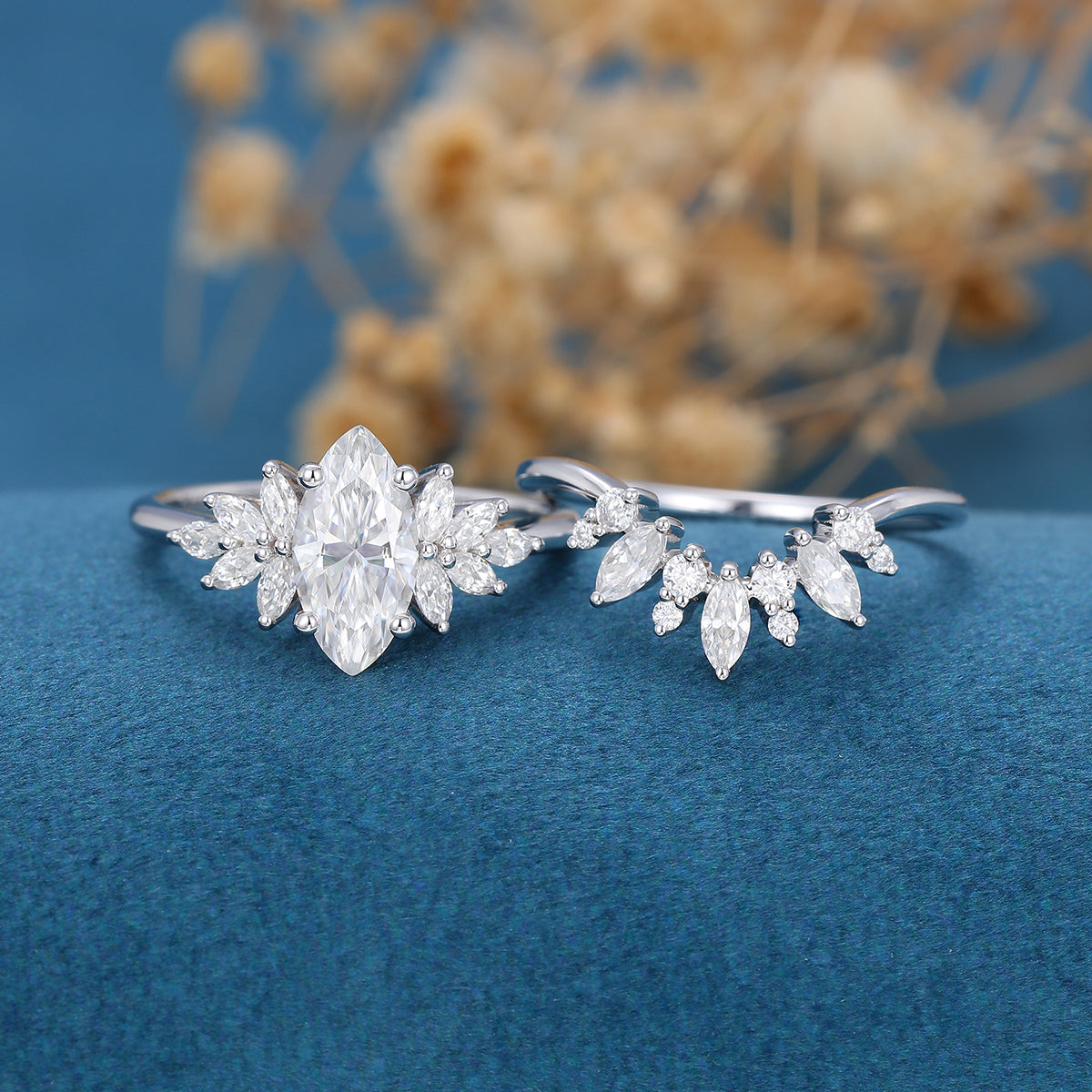 0.90 CT Marquise Shaped Moissanite Cluster Bridal Set - Camila Brown