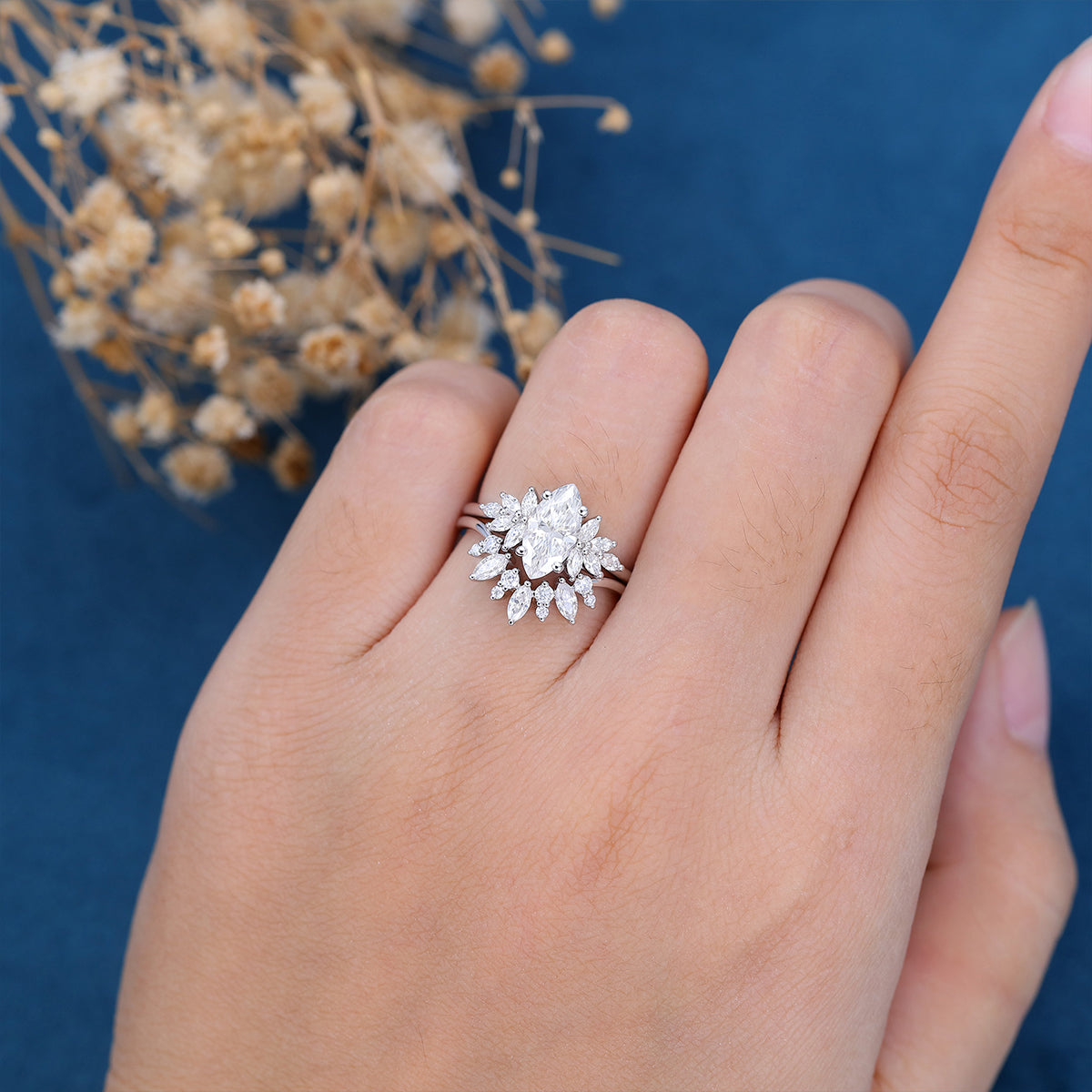 0.90 CT Marquise Shaped Moissanite Cluster Bridal Set - Camila Brown