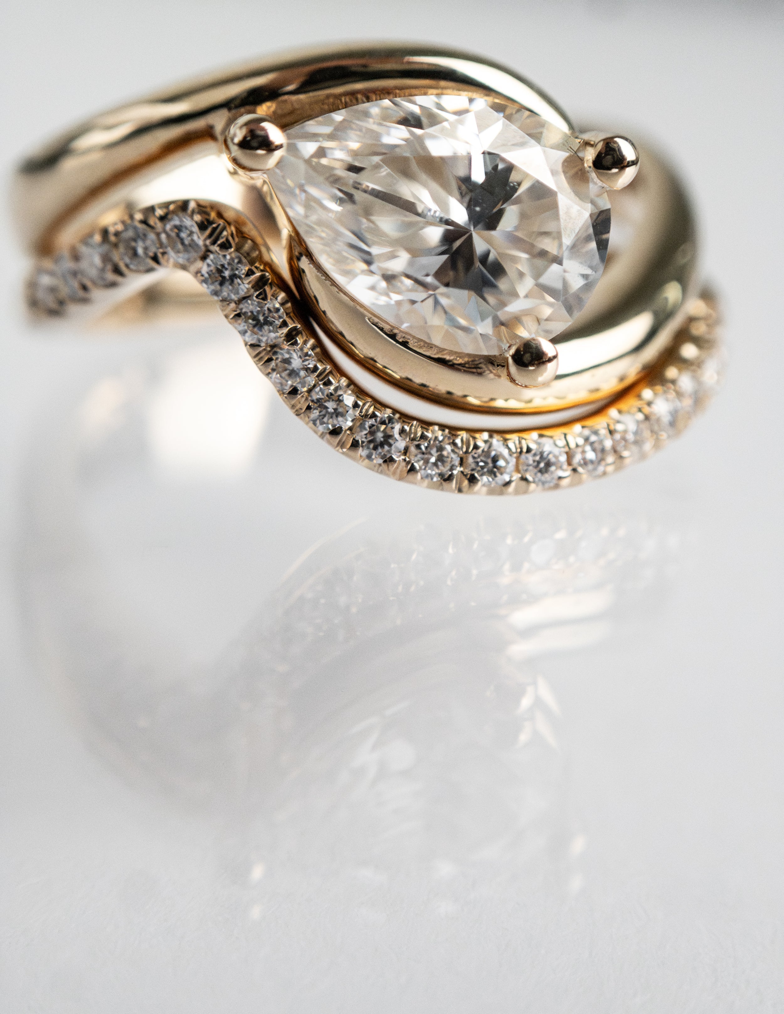 1.0 - 2.0 CT Pear CVD Diamond Solitaire Ring & Pave Stacked Band Bridal Ring Set