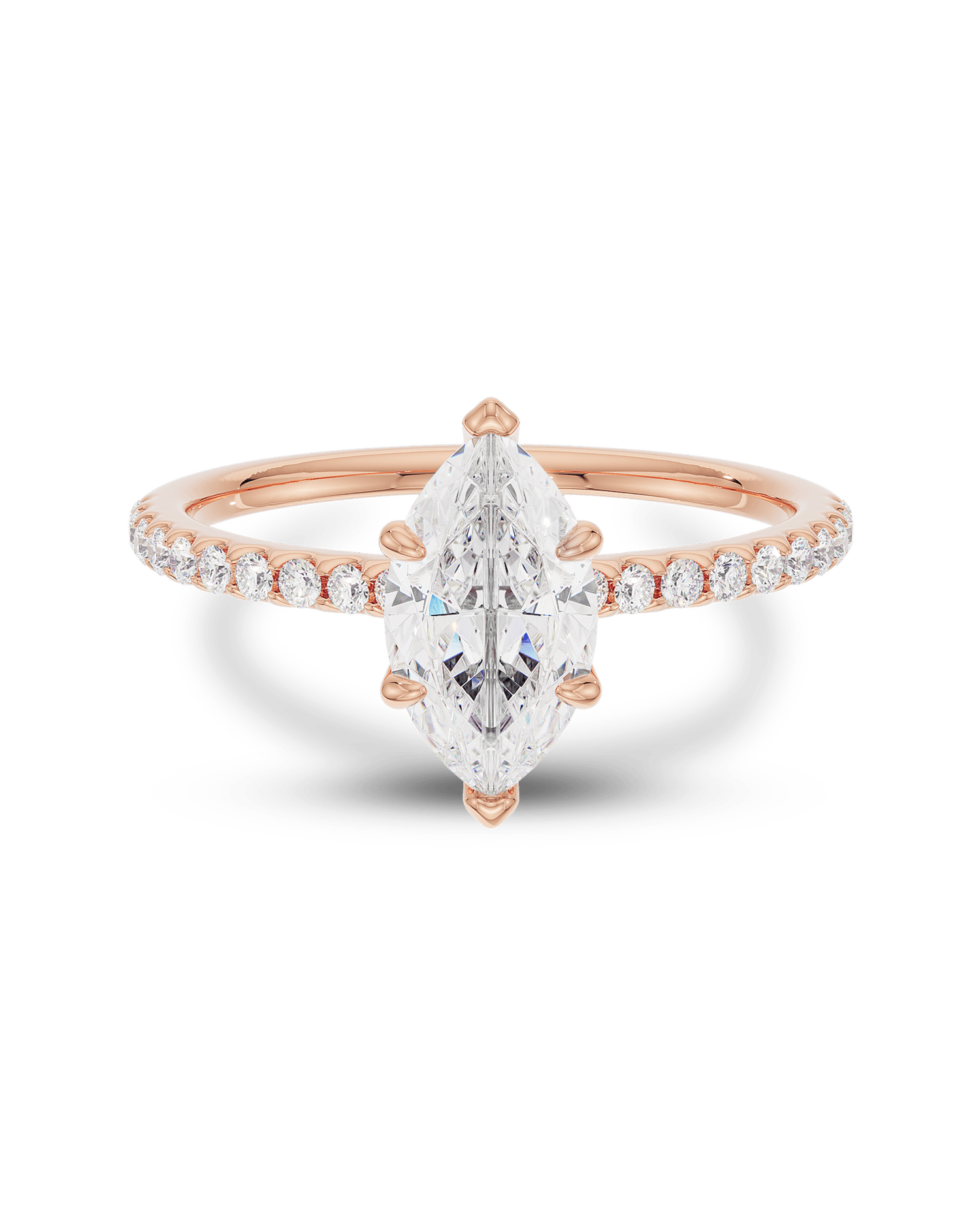 1.0–3.0 CT marquise cut lab grown diamond engagement ring in gold, featuring a slim pave band and a sharp, elongated center stone