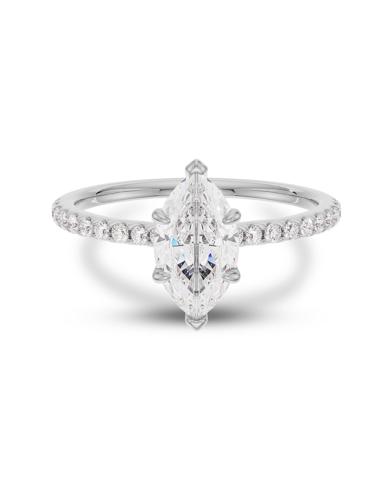 1.0–3.0 CT marquise cut lab grown diamond engagement ring in gold, featuring a slim pave band and a sharp, elongated center stone