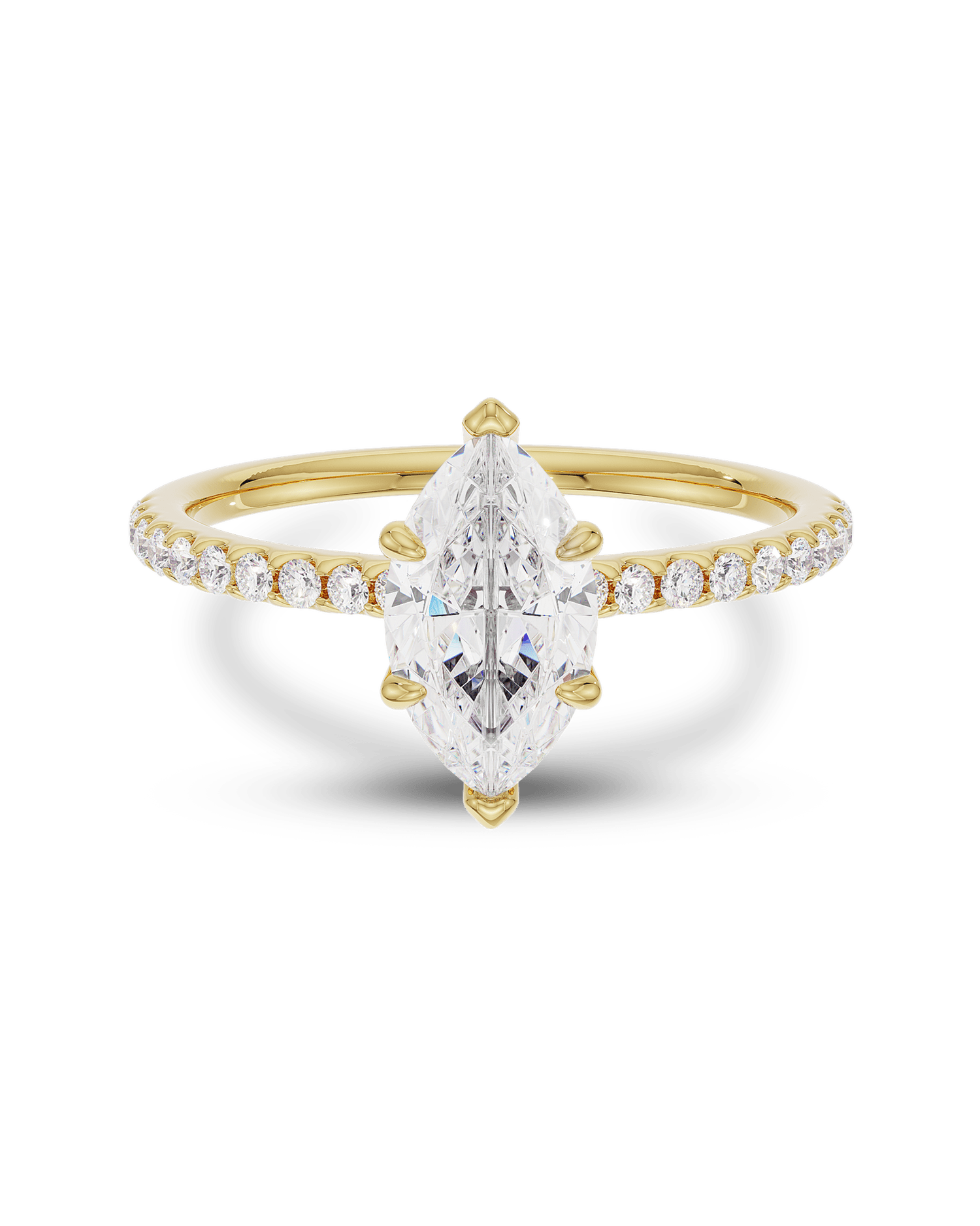 1.0–3.0 CT marquise cut lab grown diamond engagement ring in gold, featuring a slim pave band and a sharp, elongated center stone