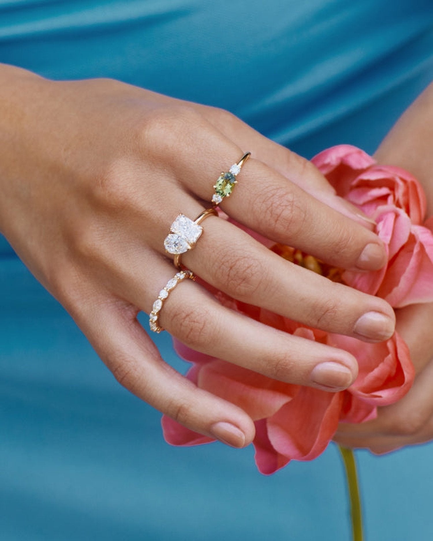 3.20 TCW lab grown diamond two stone engagement ring with radiant and pear cuts in gold, modern Toi et Moi style with elegant contrast