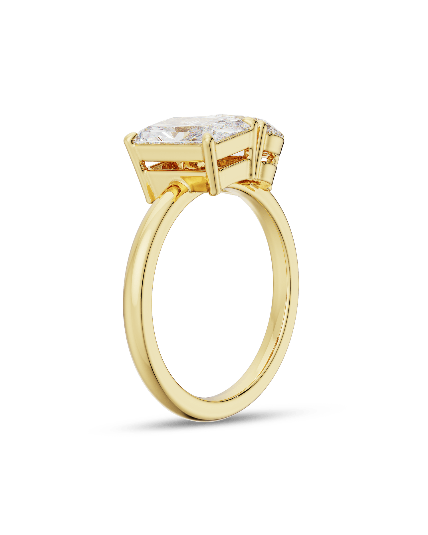3.20 TCW lab grown diamond two stone engagement ring with radiant and pear cuts in gold, modern Toi et Moi style with elegant contrast