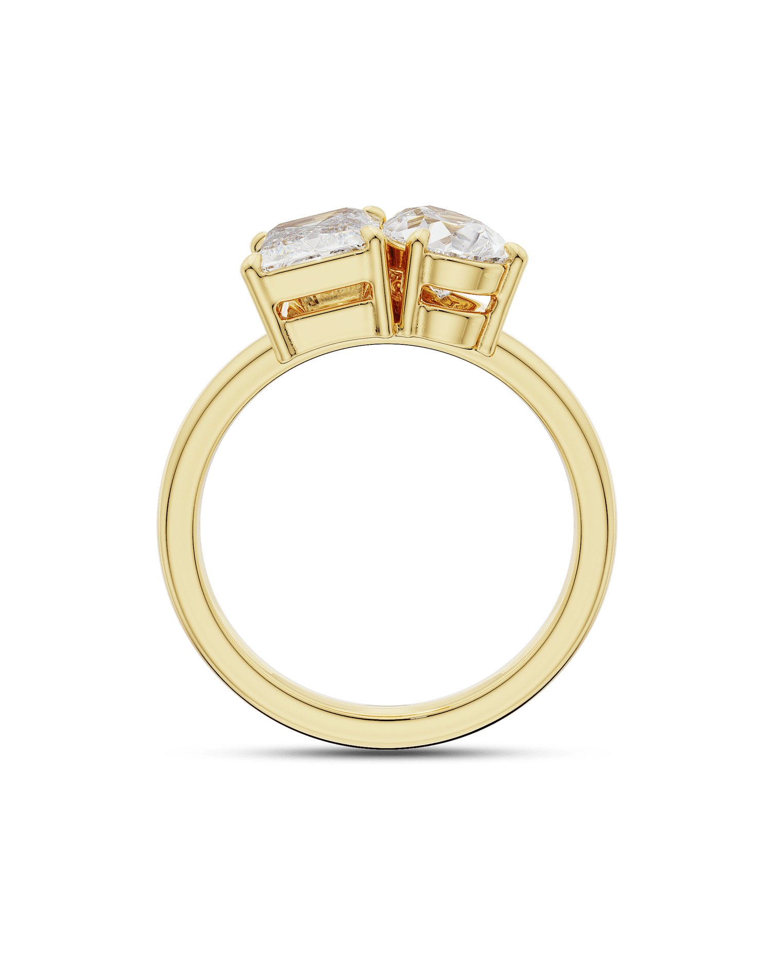 3.20 TCW lab grown diamond two stone engagement ring with radiant and pear cuts in gold, modern Toi et Moi style with elegant contrast