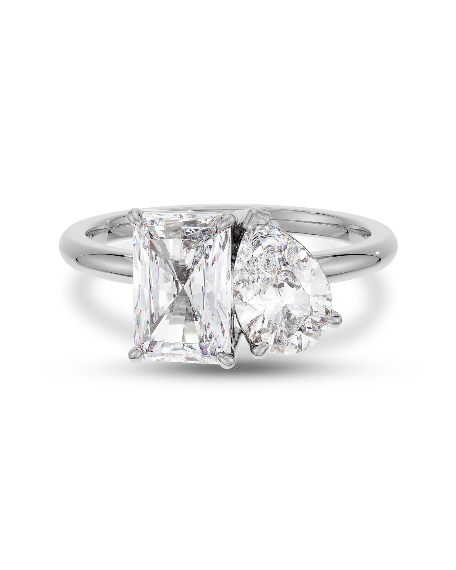 3.20 TCW lab grown diamond two stone engagement ring with radiant and pear cuts in gold, modern Toi et Moi style with elegant contrast
