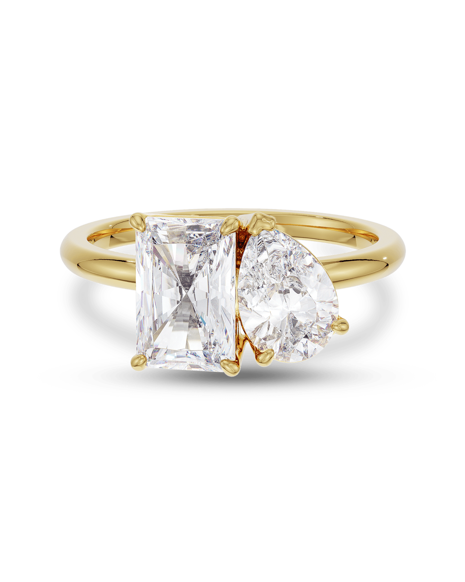 3.20 TCW lab grown diamond two stone engagement ring with radiant and pear cuts in gold, modern Toi et Moi style with elegant contrast