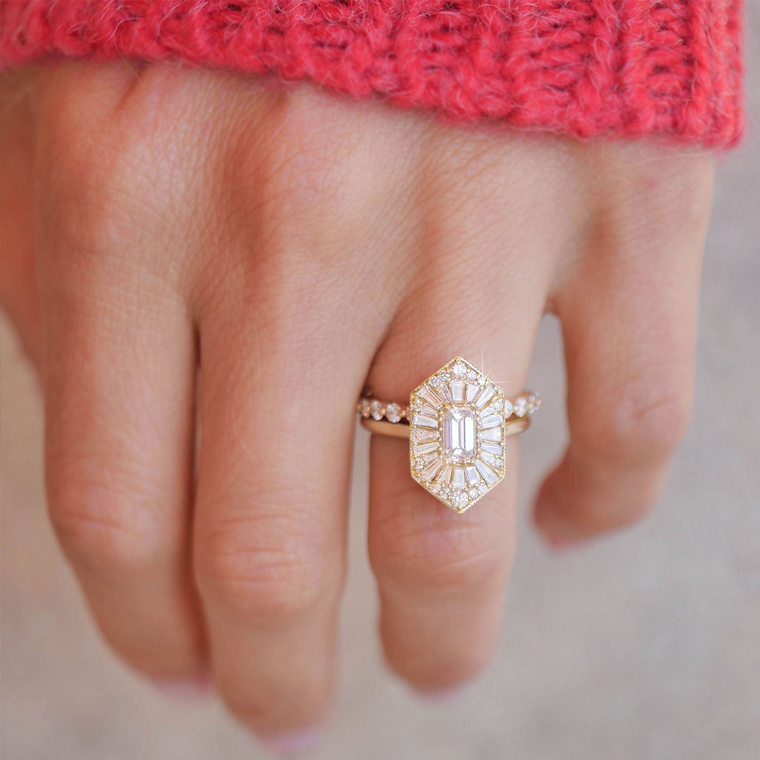 0.70 CT Emerald Shape Ballerina Lab Grown Engagement Ring